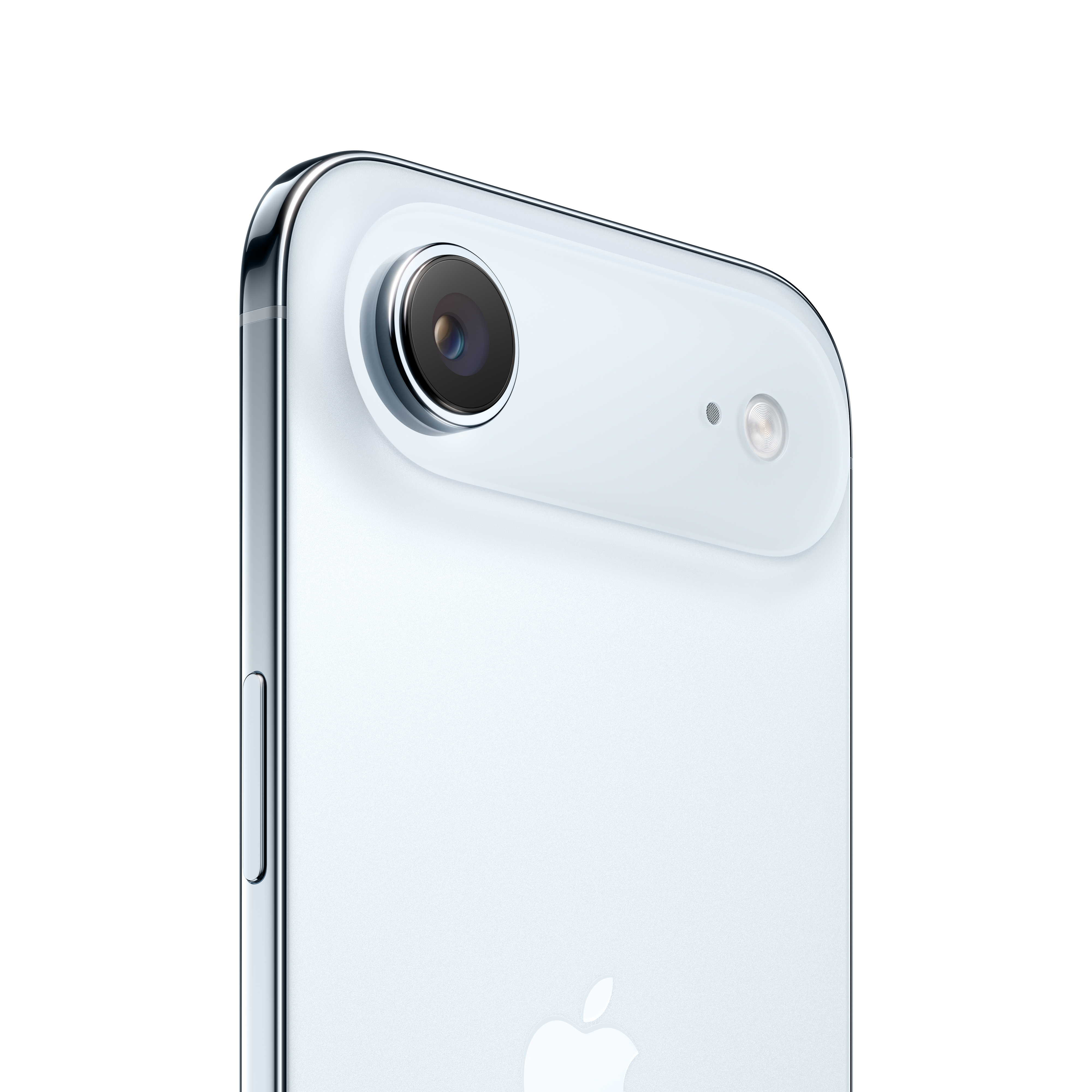Açık mavi bir akıllı telefonun yakın çekimi. Kamera ve flaş görünür. Apple logosu arkada.