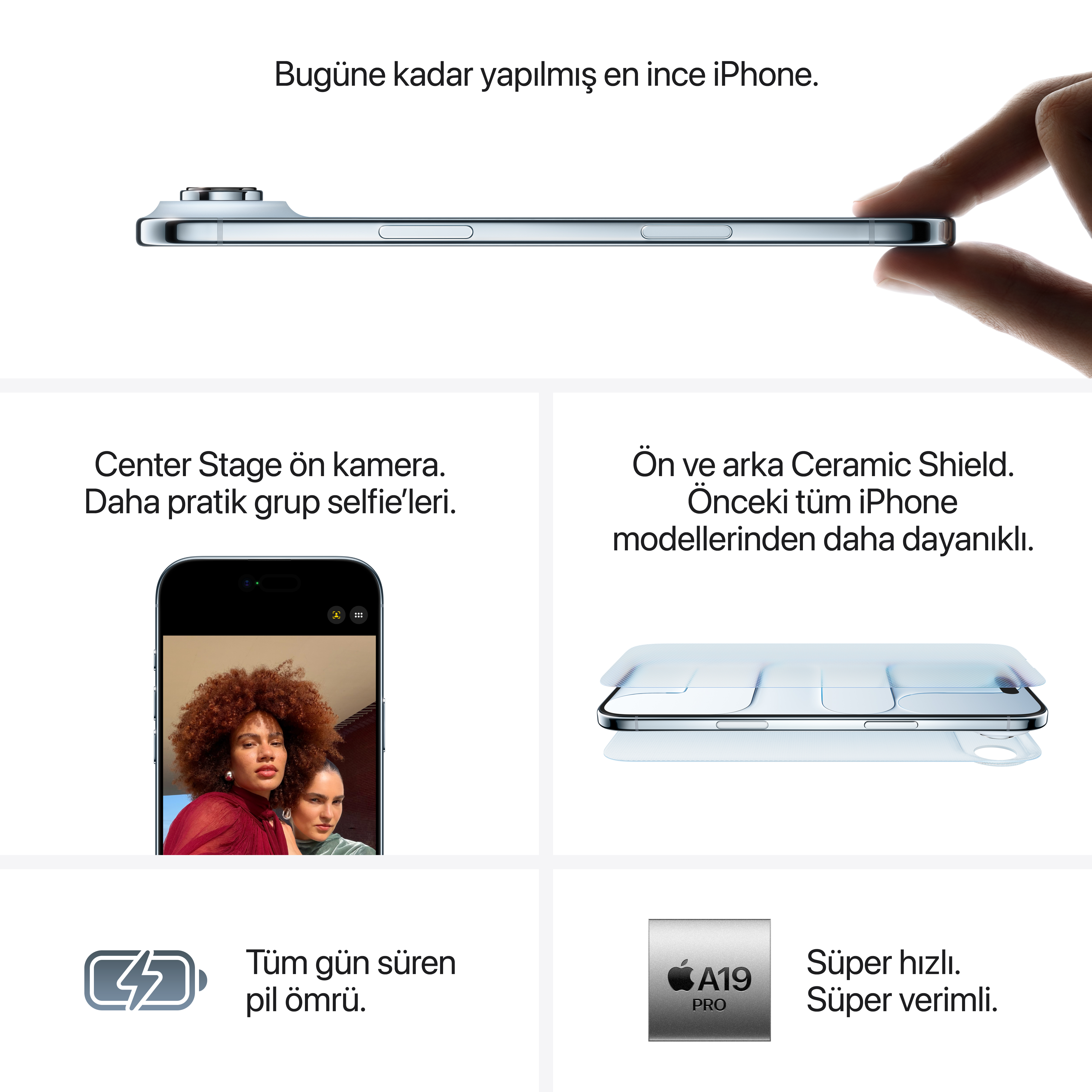Bir iPhone yan olarak görüntüleniyor, özelliklerini vurgulayan metin ve resimlerle. Bir el telefonu tutuyor.