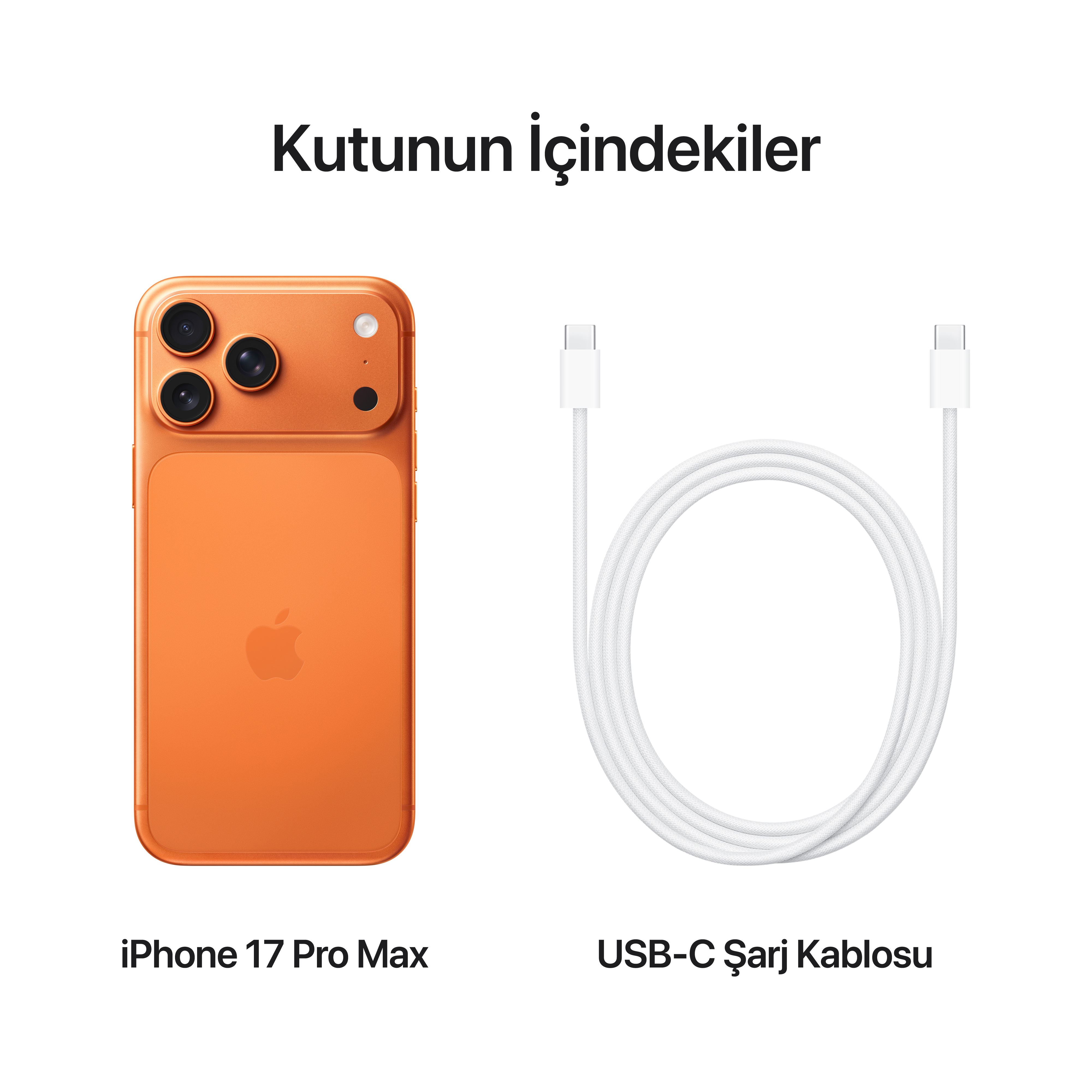 Beyaz arka planda turuncu bir iPhone 17 Pro Max ve beyaz bir USB-C şarj kablosu.