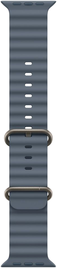Sötétkék Apple Watch szíj bordázott textúrával. Ezüst csattal és több lyukkal a beállításhoz.