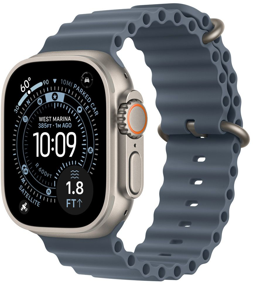 Egy ezüstszínű Apple Watch Ultra kék szíjjal, amely 10:09-es időt és adatokat jelenít meg. Az órán egy narancssárga gomb és egy digitális kijelző található.