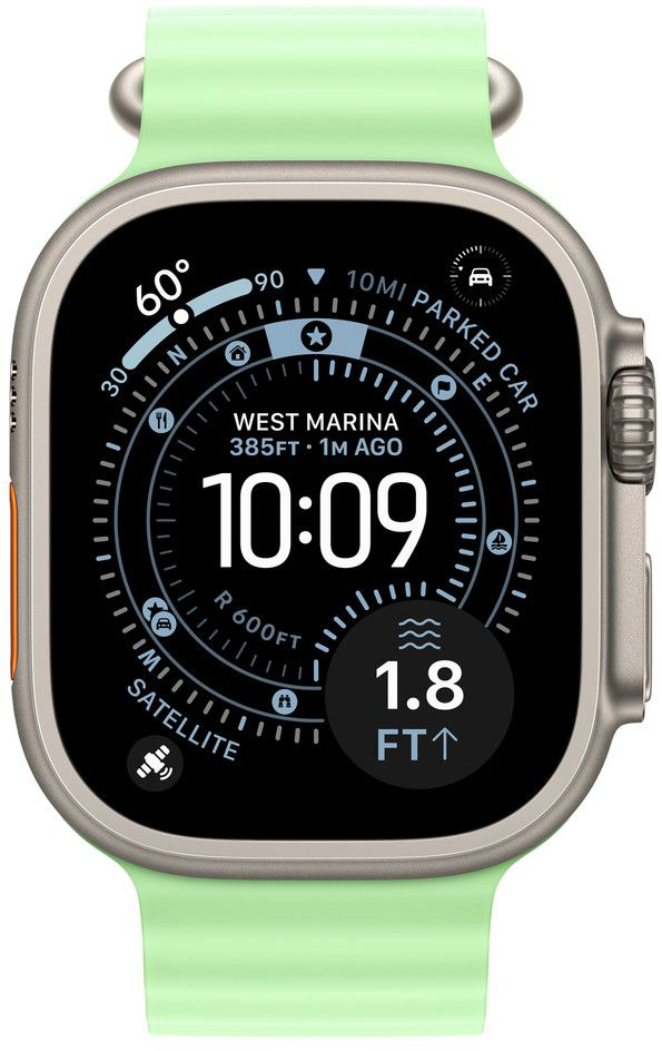 Apple Watch Ultra zöld szíjjal, amely időt, helyet és magassági adatokat jelenít meg. Az idő 10:09.