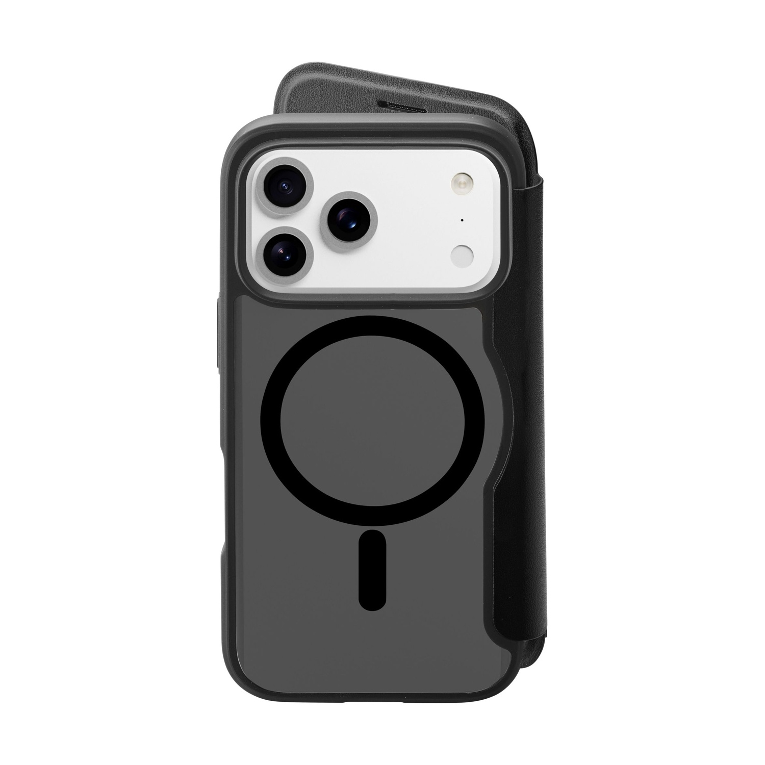 Una custodia nera per iPhone con porta carte. La custodia ha tre lenti della fotocamera e un cerchio magnetico.