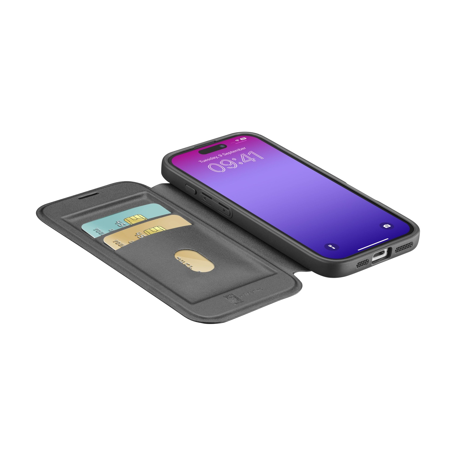 Una custodia per telefono nera aperta con un telefono dentro e due carte di credito. Il telefono mostra l'ora 09:41. Sfondo bianco.