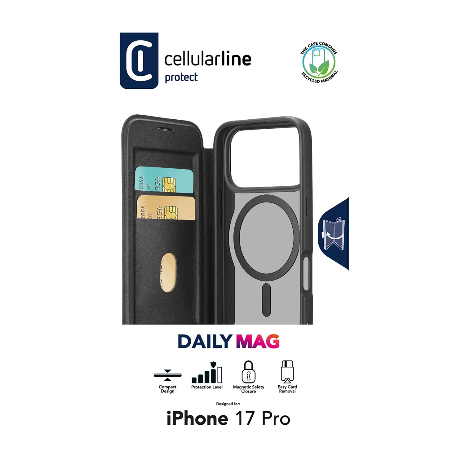 Custodia nera per telefono con carte all'interno, con il marchio cellularline e DAILY MAG. È progettata per iPhone 17 Pro.