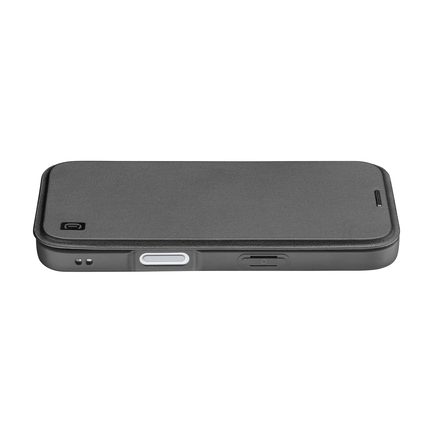 Una custodia per telefono nera, rettangolare e chiusa, su una superficie bianca. Ha ritagli per fotocamera, pulsanti e porte.