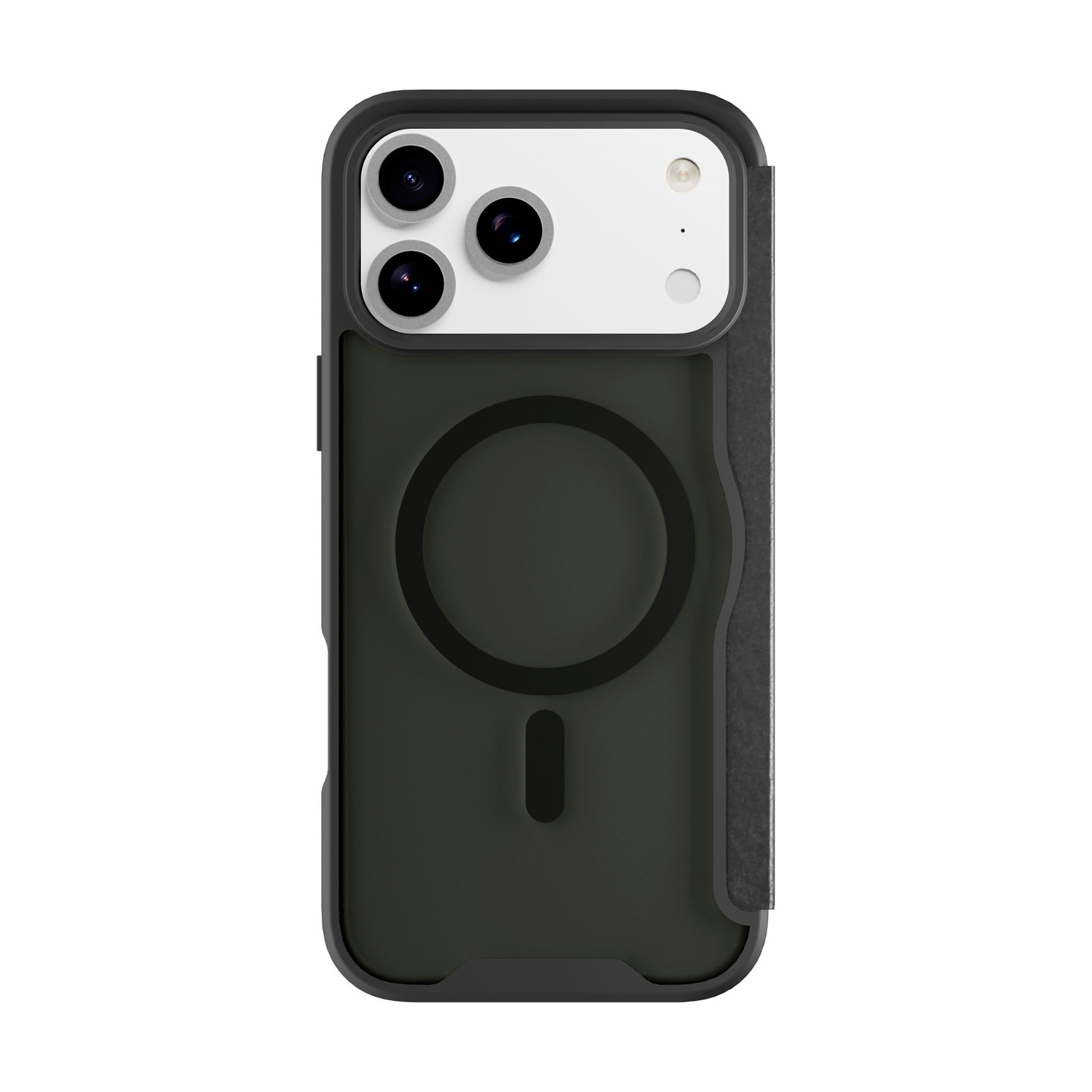 Una custodia per iPhone con cornice nera. La custodia ha un retro verde scuro con un attacco magnetico circolare e tre obiettivi per fotocamera.