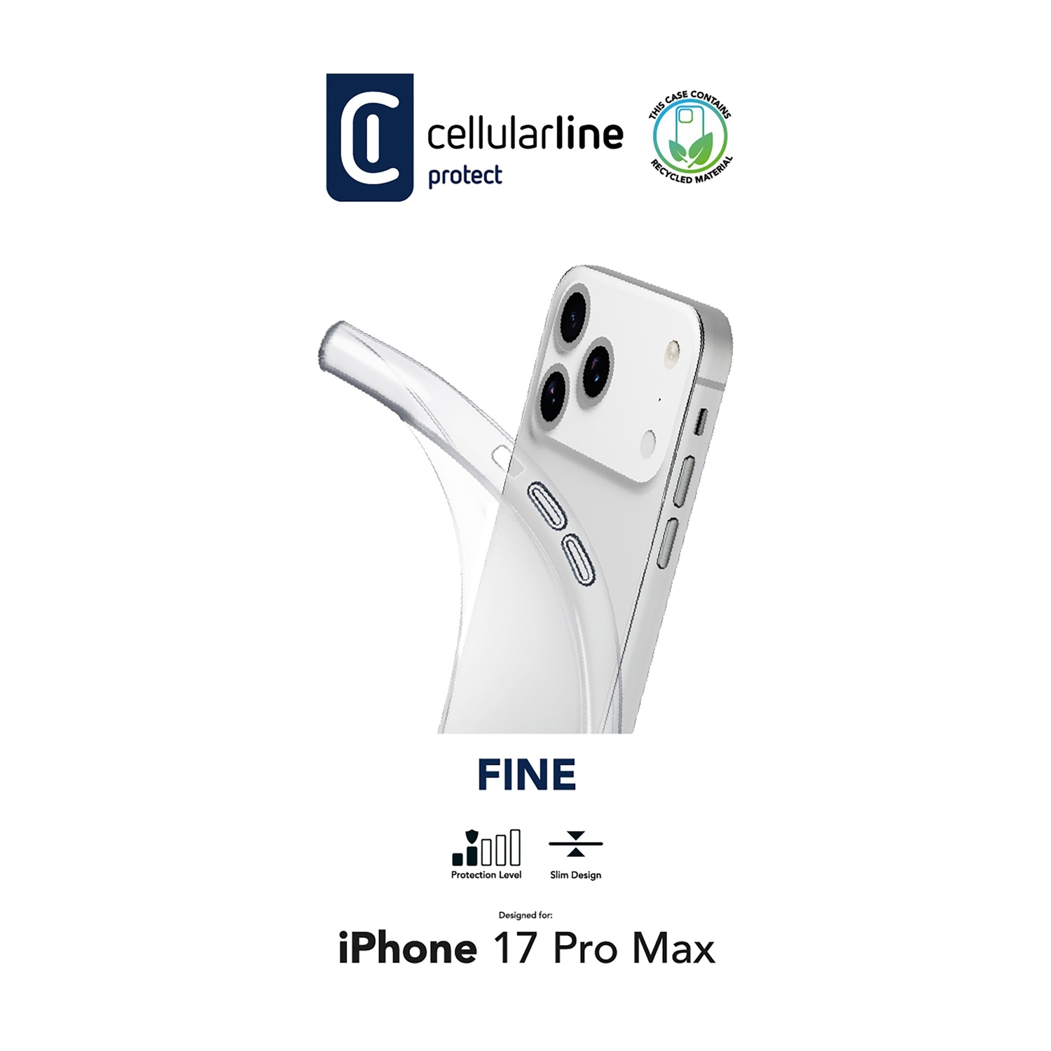 Una custodia trasparente per iPhone 17 Pro Max. La custodia è su uno sfondo bianco con il marchio e il logo.