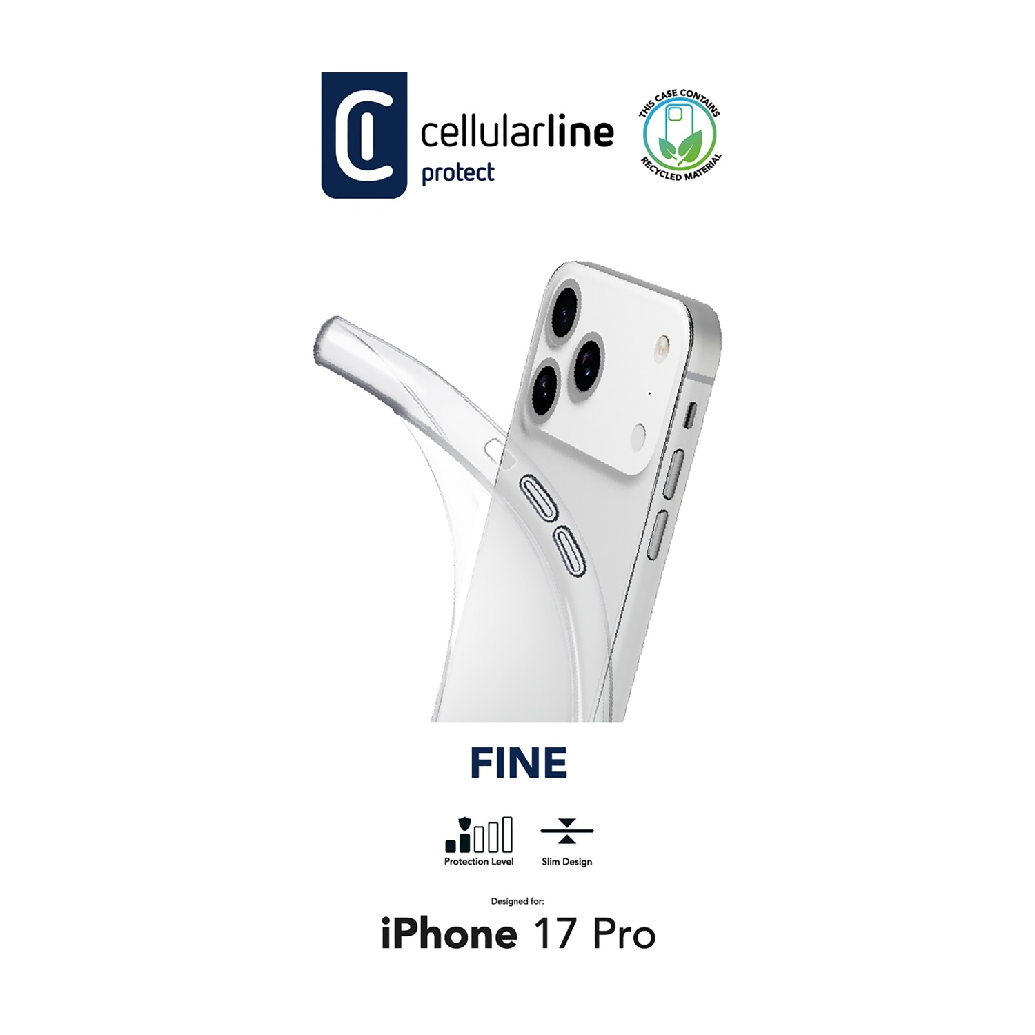 Custodia trasparente per iPhone 17 Pro con telefono, logo Cellularline, icona riciclo e testo 'FINE'. Design sottile.