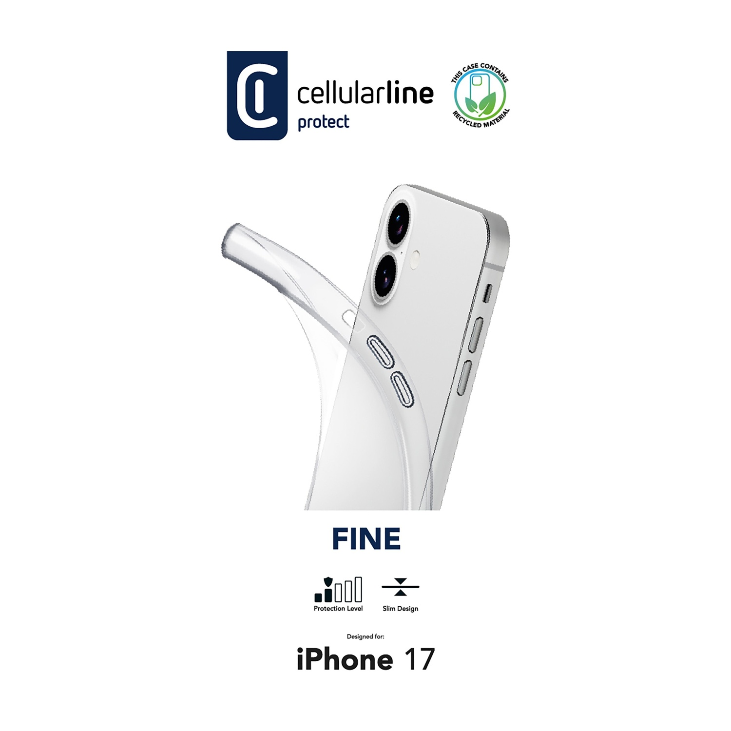 Una custodia trasparente per iPhone 17 su un iPhone bianco. Il logo Cellularline è in alto, con testo che indica materiali riciclati.