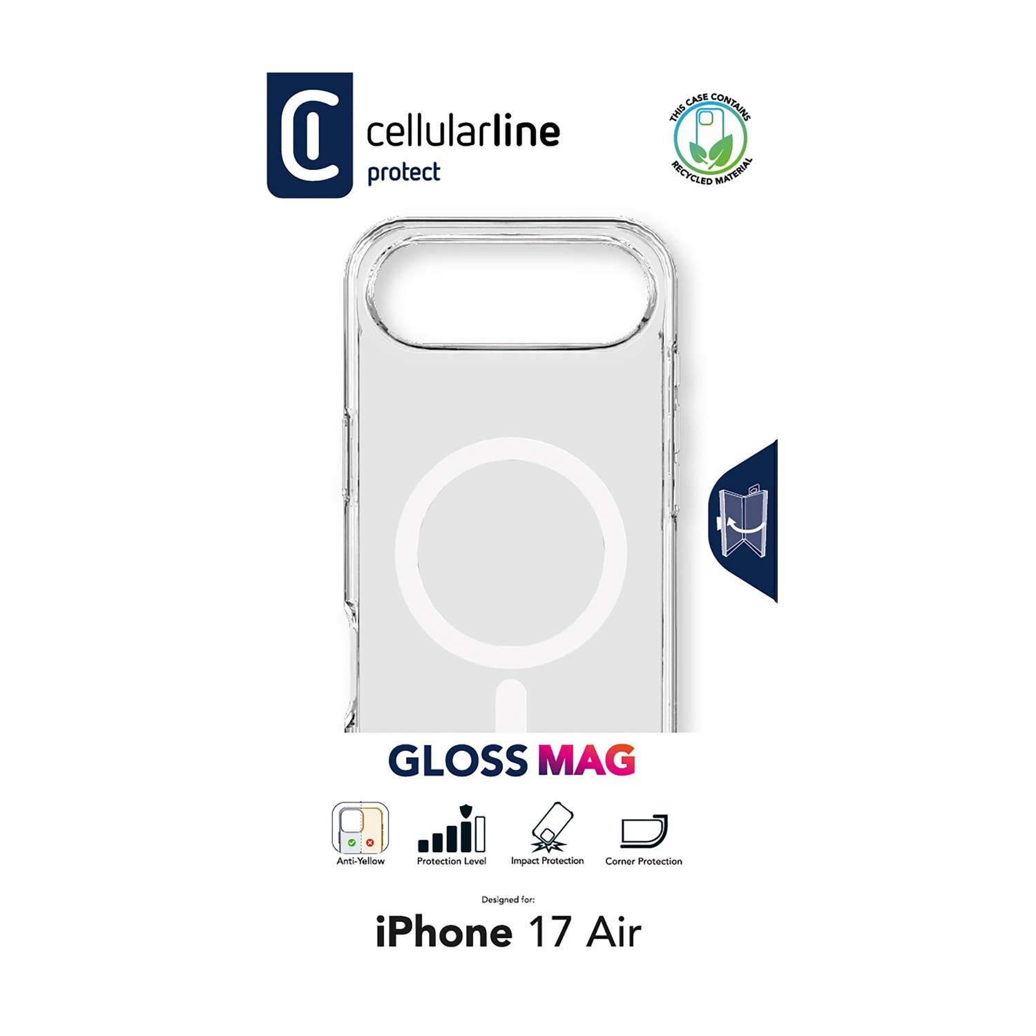 Custodia trasparente per iPhone 17 Air con anello magnetico. Loghi: Cellularline, Gloss Mag, icone di protezione. Etichetta: materiale riciclato.