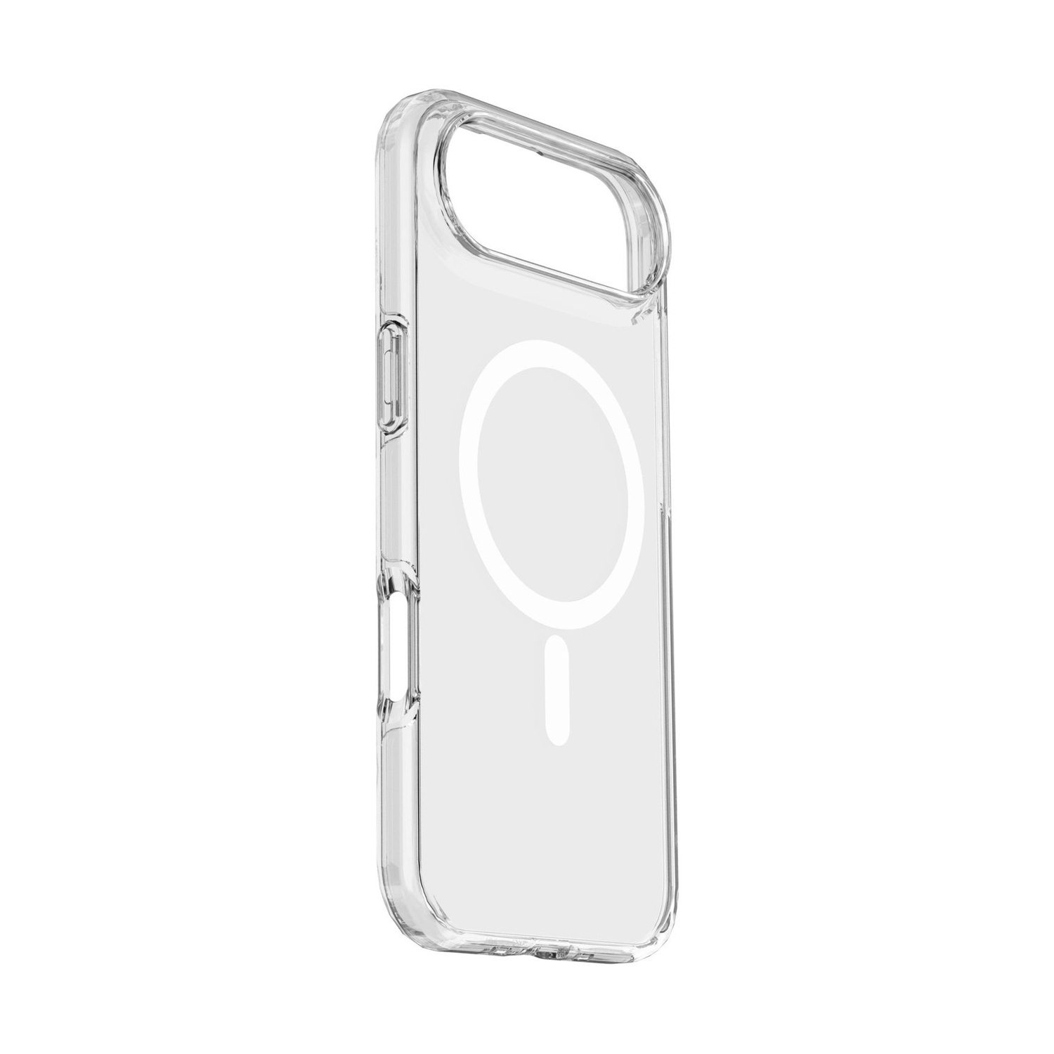Una custodia trasparente per telefono con cerchio e linea MagSafe bianchi è mostrata su sfondo bianco. È angolata per mostrare la sua forma.