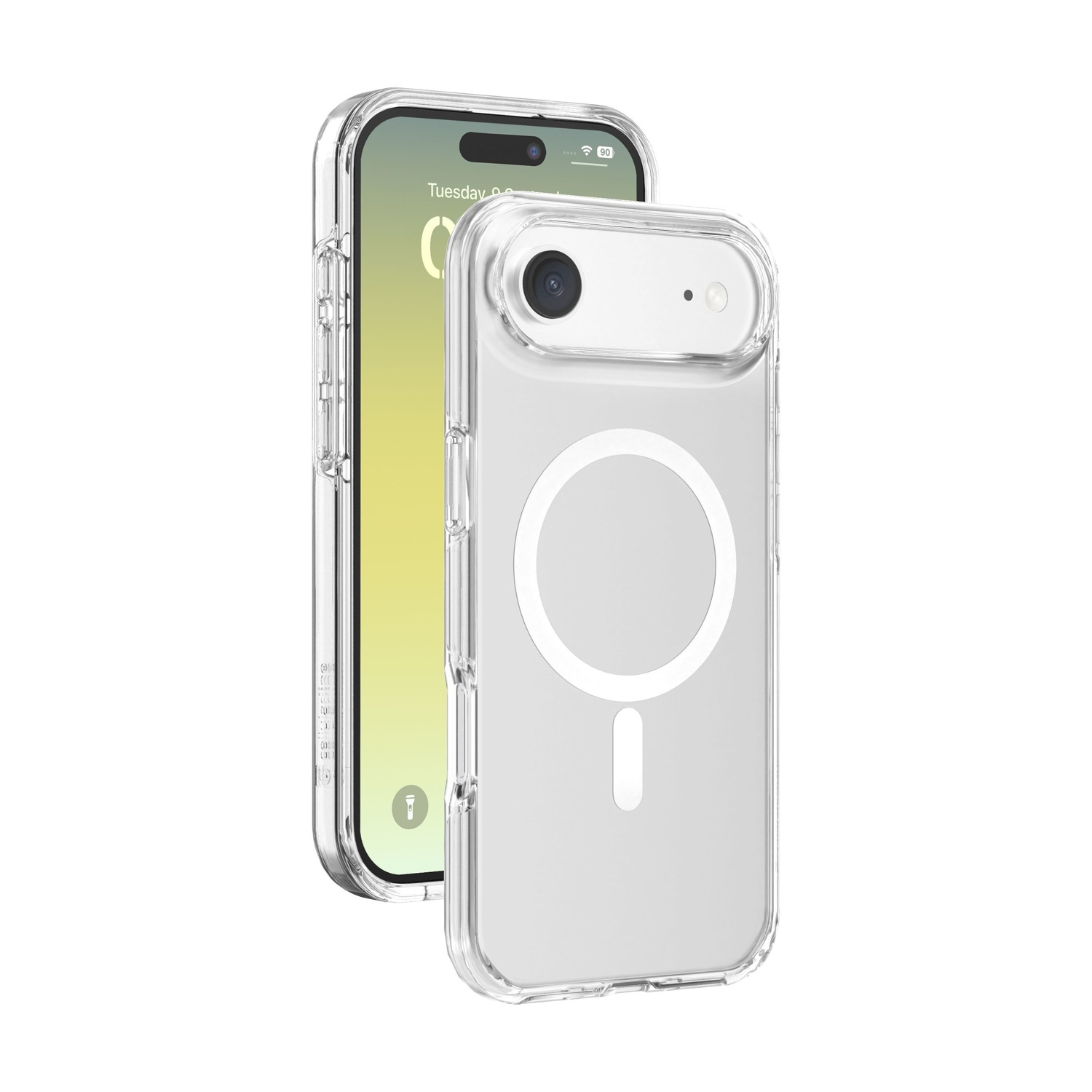 Un iPhone in una custodia trasparente, che mostra lo schermo. La custodia ha un anello magnetico bianco e una barra verticale sul retro.