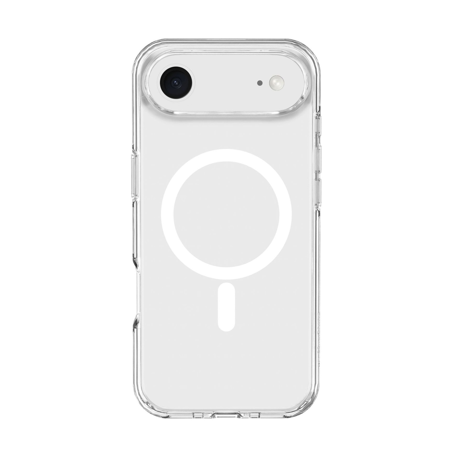 Custodia trasparente per telefono su sfondo bianco. Ha una fotocamera e un design circolare sul retro. Anche i bordi sono trasparenti.
