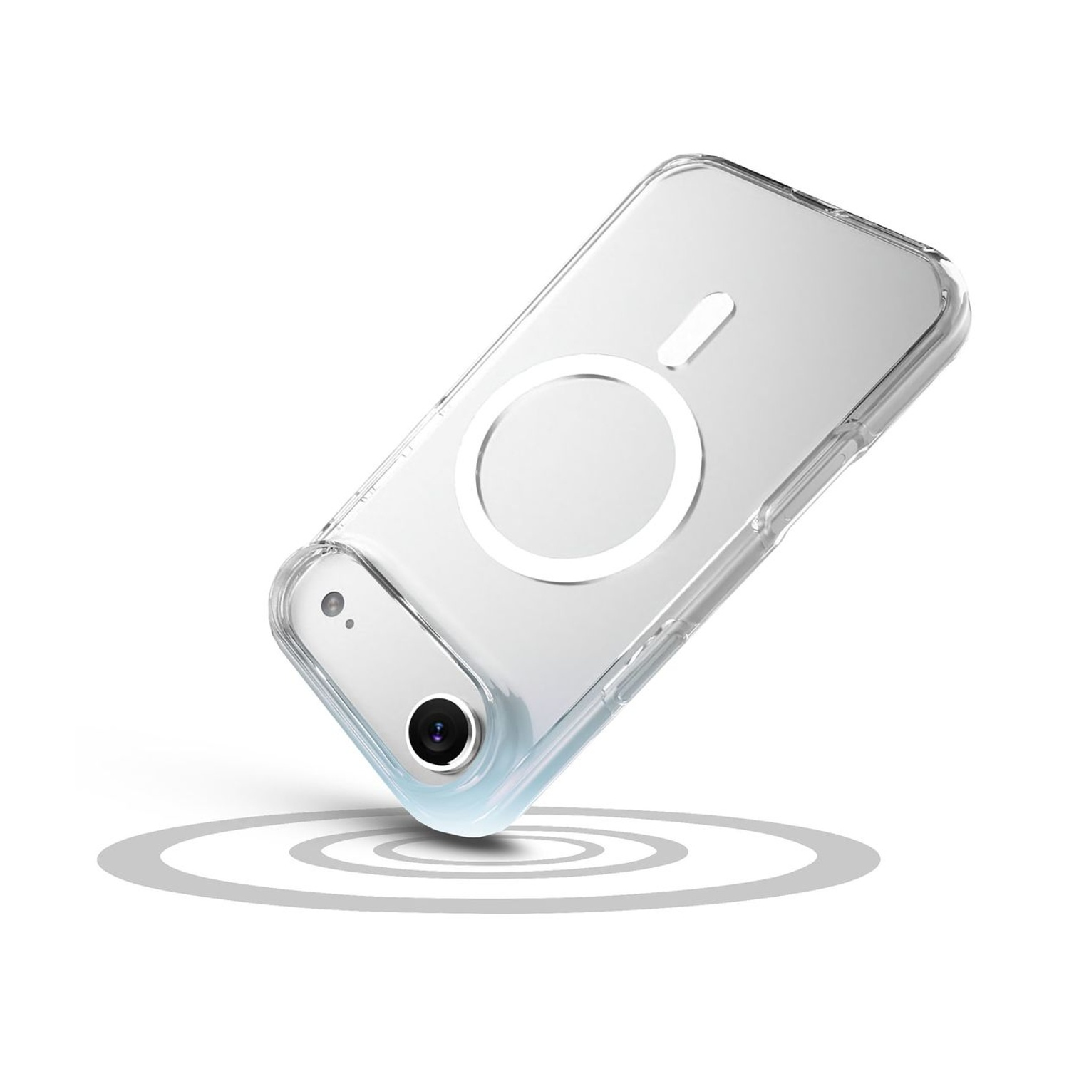 Una custodia trasparente per telefono con cerchio magnetico bianco e rettangolo su sfondo bianco. La fotocamera del telefono è visibile.