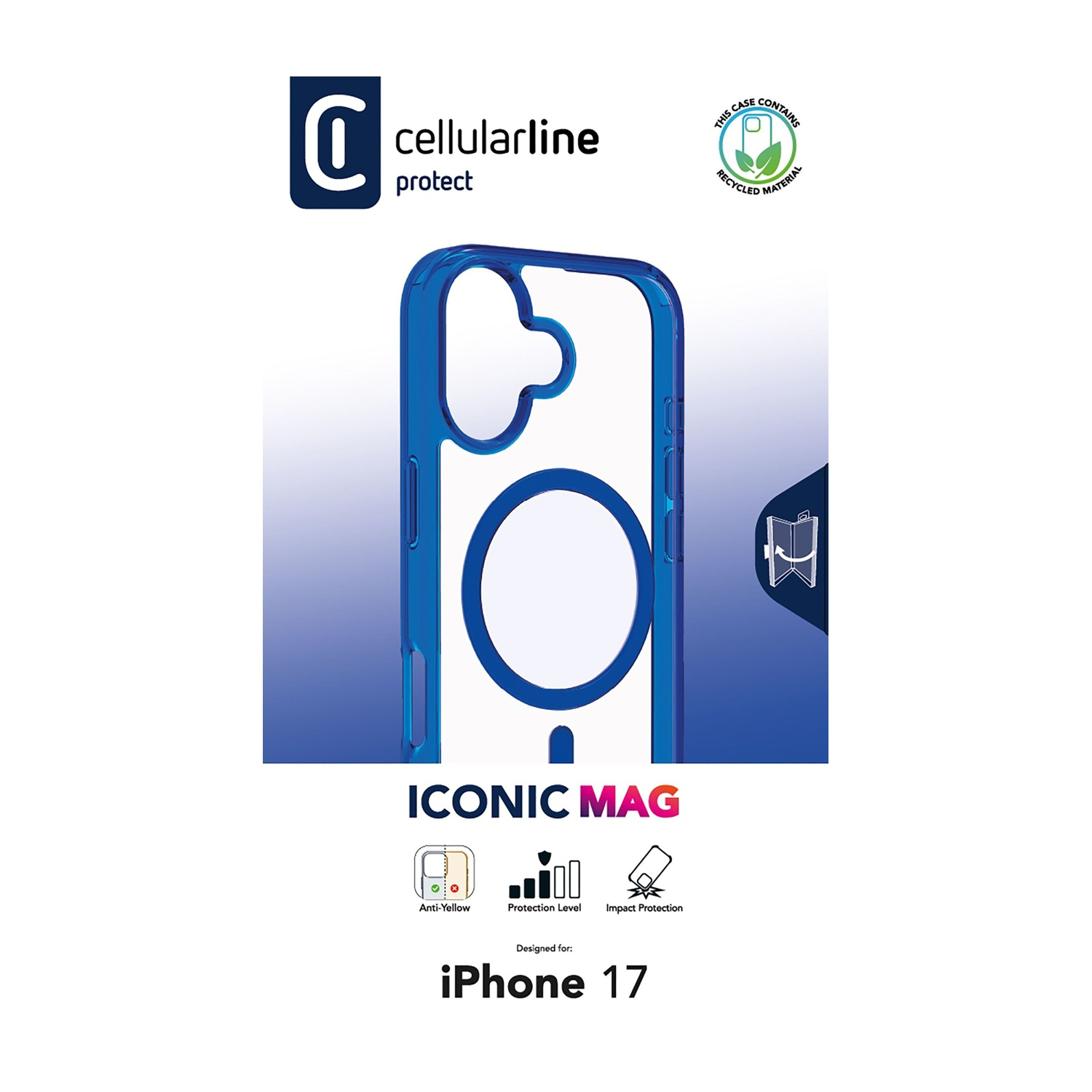Custodia blu con interno bianco, marchio Cellularline, Iconic Mag per iPhone 17. Caratteristiche: anti-ingiallimento, livello di protezione e protezione dagli impatti.