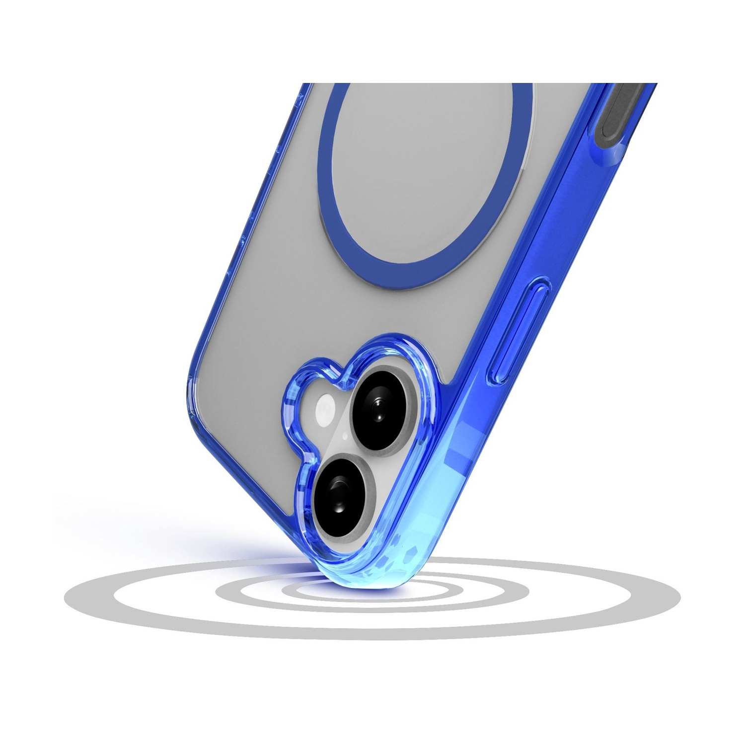 Una custodia per iPhone con bordi blu, retro trasparente e lenti della fotocamera nere poggia su una superficie bianca con cerchi grigi.