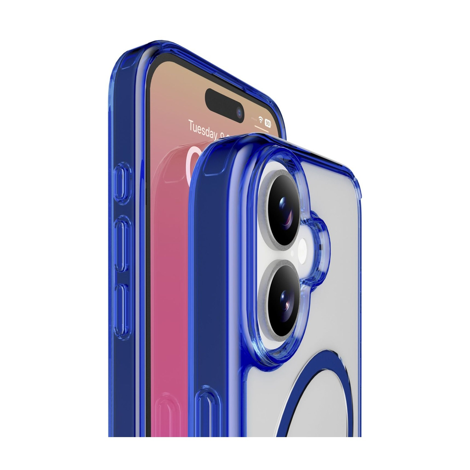 Uno smartphone con custodia blu. Lo schermo mostra l'ora e la data. La custodia ha ritagli per la fotocamera. Sfondo bianco.