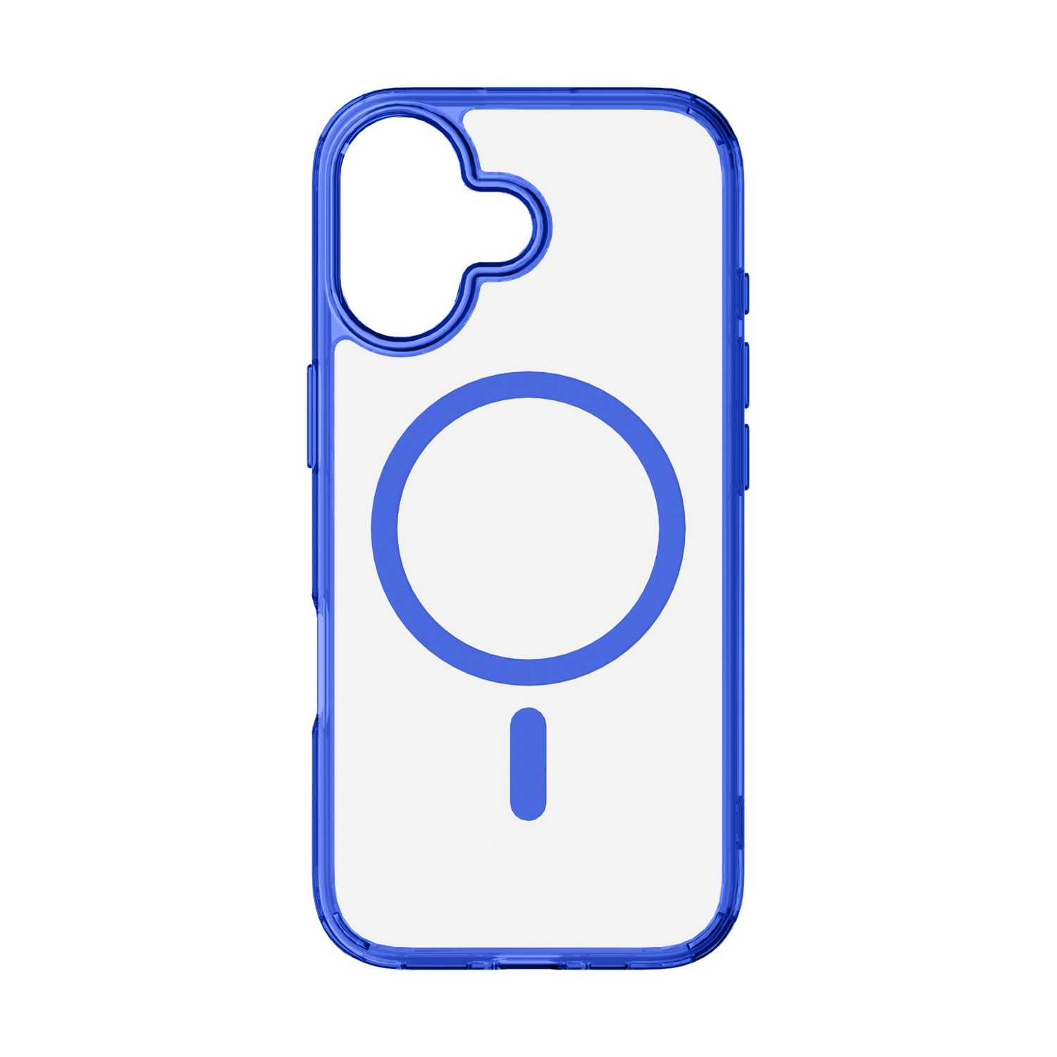 Una custodia trasparente per telefono con contorno blu. Presenta un design circolare e una linea verticale, probabilmente per la ricarica wireless.