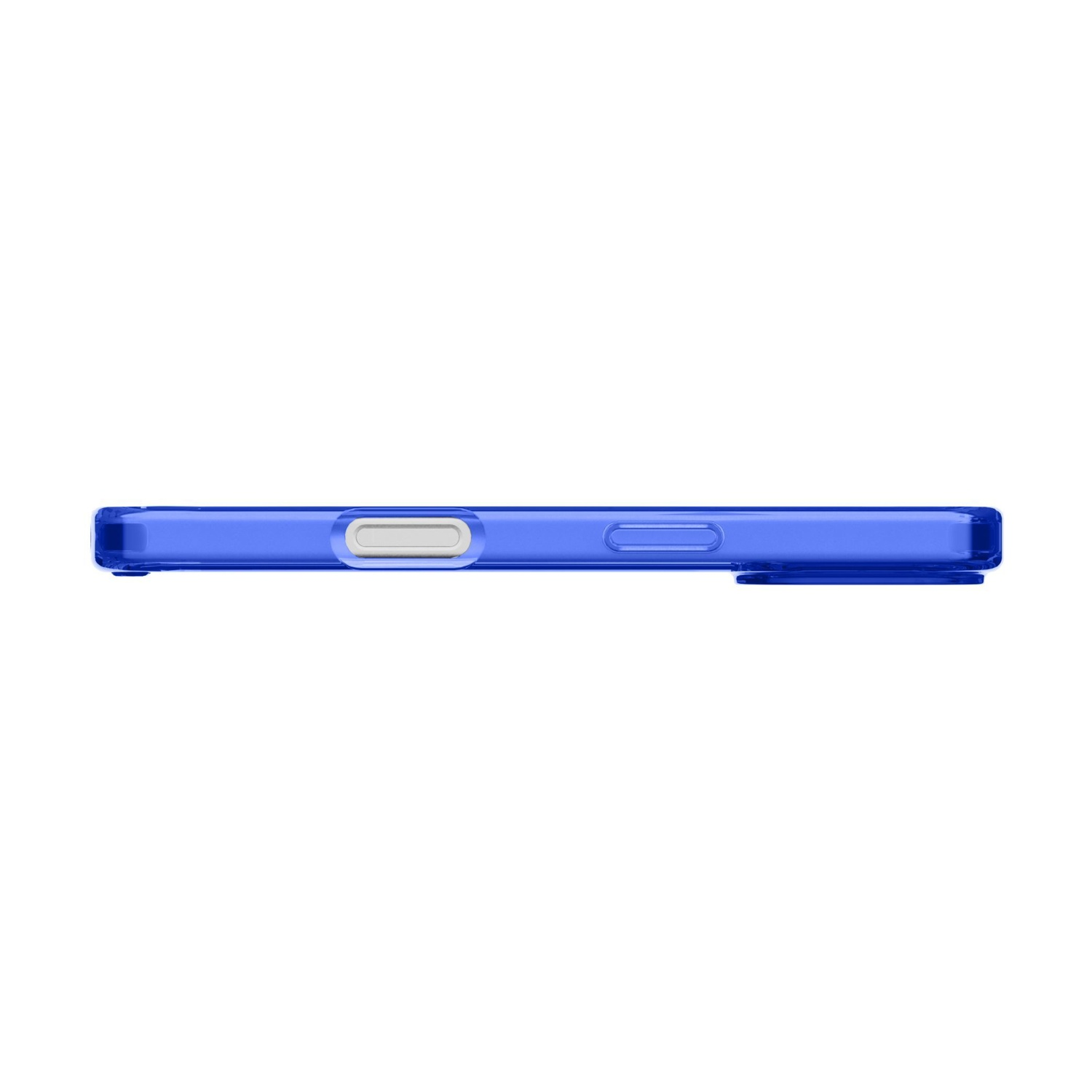 Una custodia blu per telefono vista lateralmente. Ha un pulsante del volume, un pulsante di accensione e una porta. Lo sfondo è bianco.