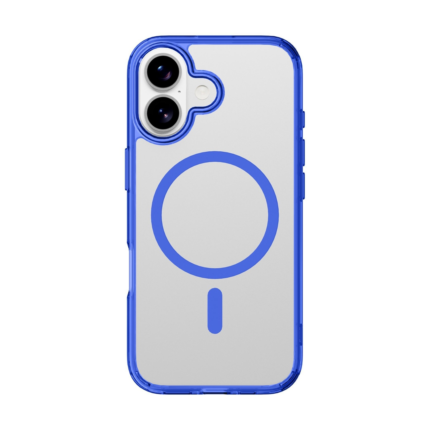 Custodia trasparente per telefono con bordi blu. Ha ritagli per la fotocamera e un cerchio blu con un simbolo a linea sul retro. Sfondo bianco.