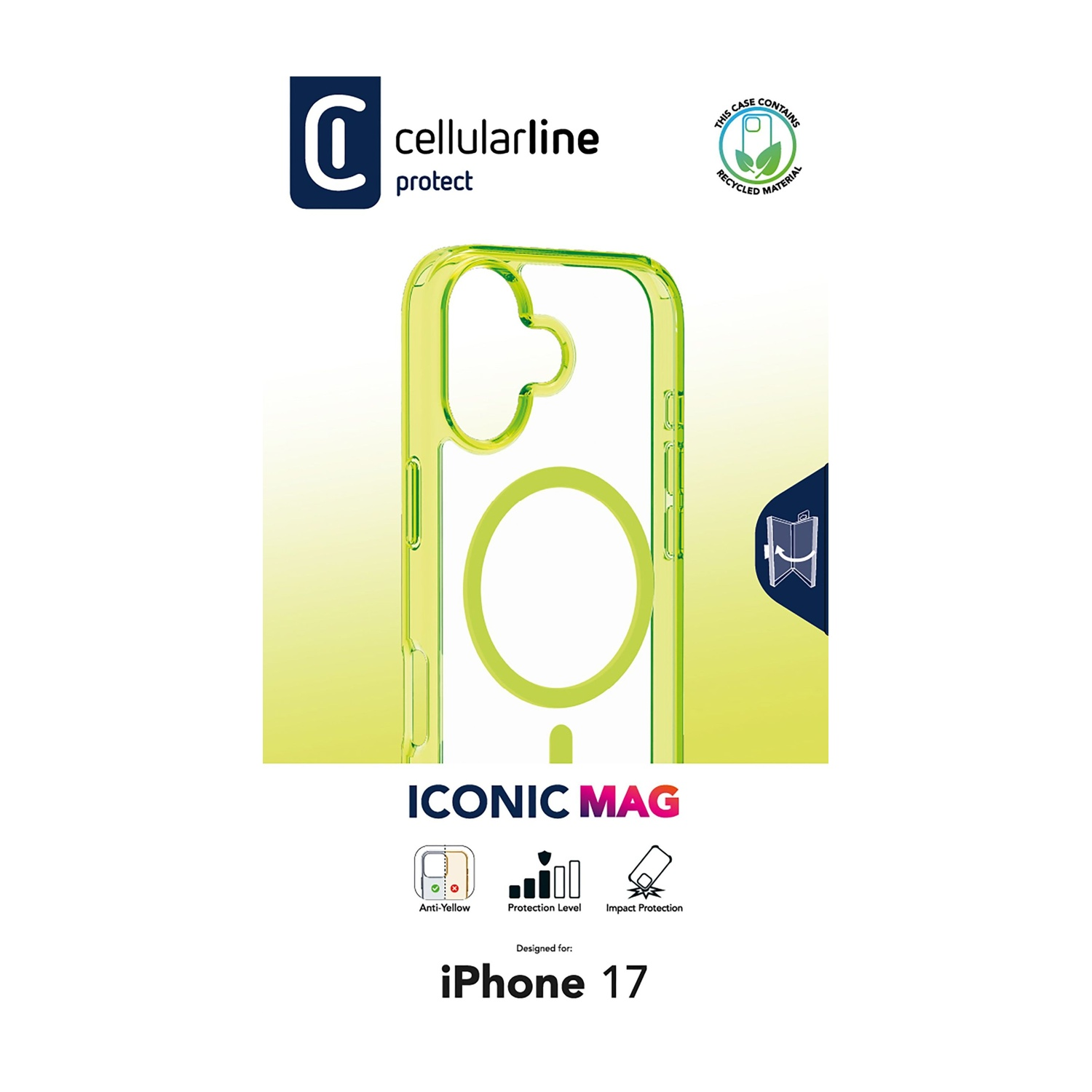 Custodia gialla per iPhone 17 su sfondo bianco. Marchi: 'cellularline' e 'ICONIC MAG'.