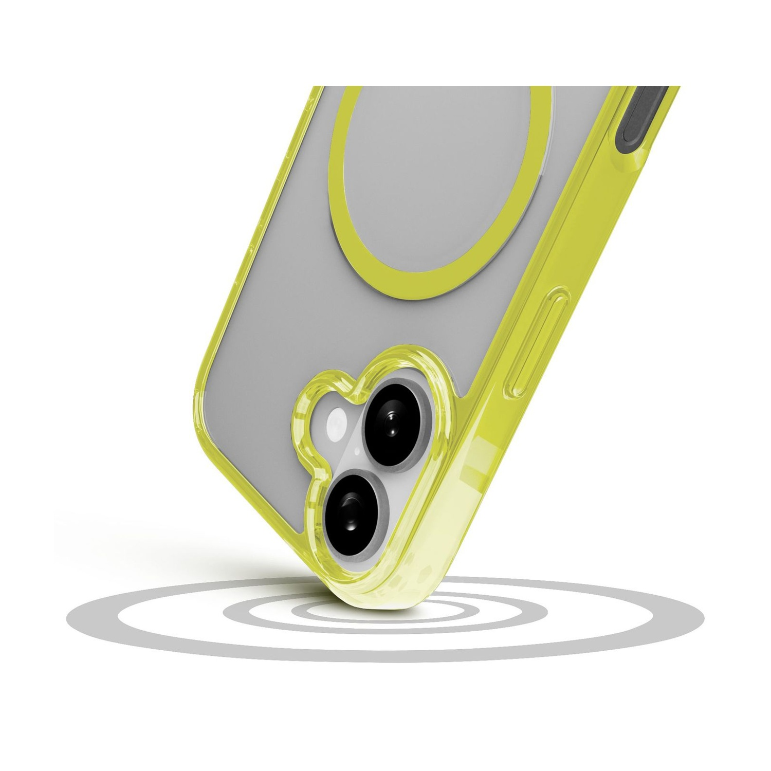 Una custodia gialla per telefono con retro trasparente. Sono visibili due lenti nere della fotocamera. La custodia è appoggiata su una superficie bianca con un bersaglio grigio.