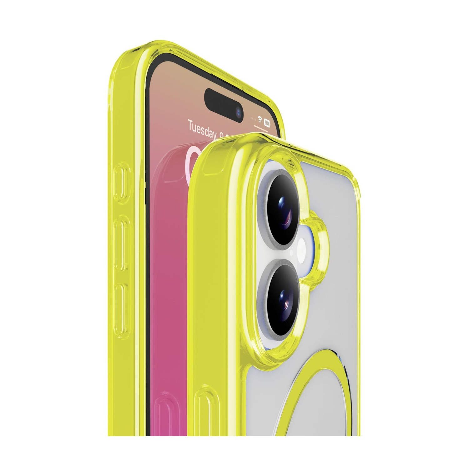Uno smartphone con una custodia gialla trasparente è in mostra. Lo schermo mostra la data e uno sfondo rosa. La custodia ha lenti della fotocamera.