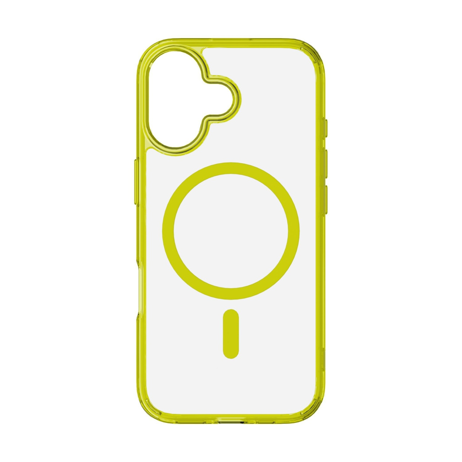 Una custodia trasparente per telefono con bordo giallo neon. Ha un ritaglio circolare e un indicatore di ricarica magnetica.