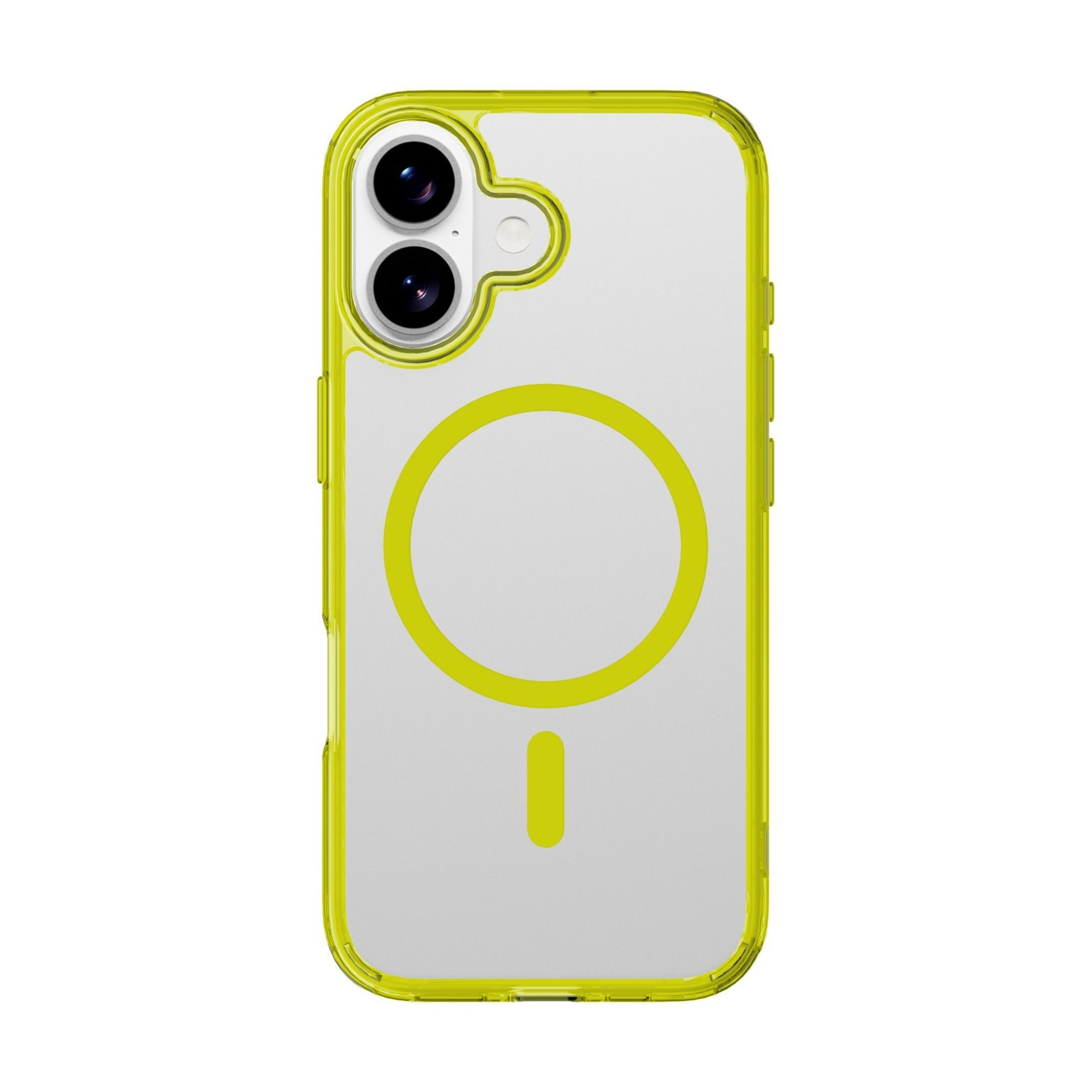 Una custodia trasparente per telefono con una cornice giallo brillante. La custodia ha un design circolare sul retro e un accento giallo attorno alla fotocamera.