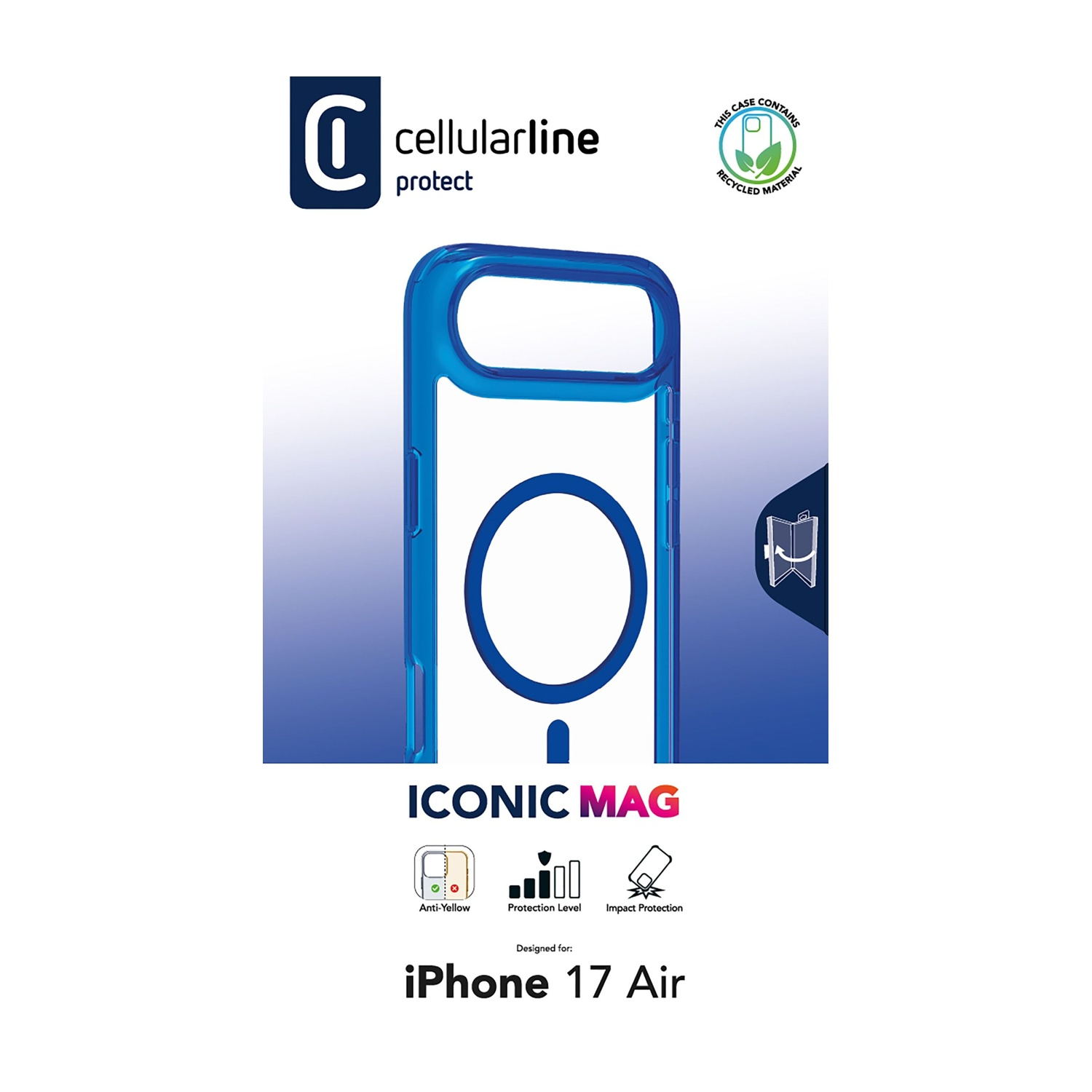 Custodia blu per iPhone con area magnetica circolare, logo Cellularline e testo per iPhone 17 Air.