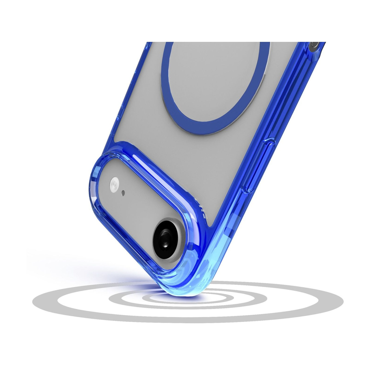Una custodia blu per telefono con lente della fotocamera è inclinata. La custodia è su una superficie bianca con cerchi grigi concentrici.