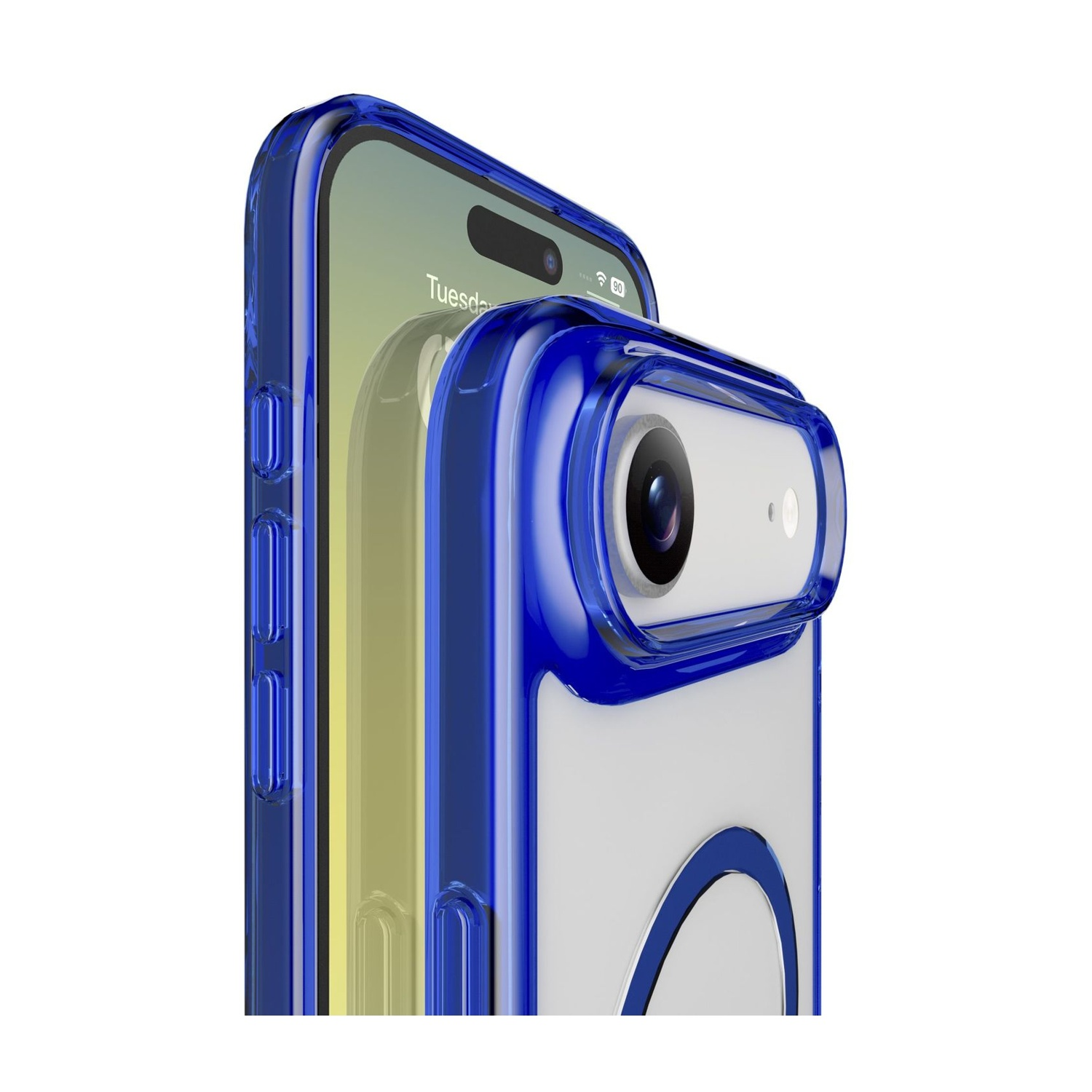 Una custodia blu è su un telefono. La fotocamera è visibile e lo schermo mostra 'Tuesday'. La custodia è trasparente.