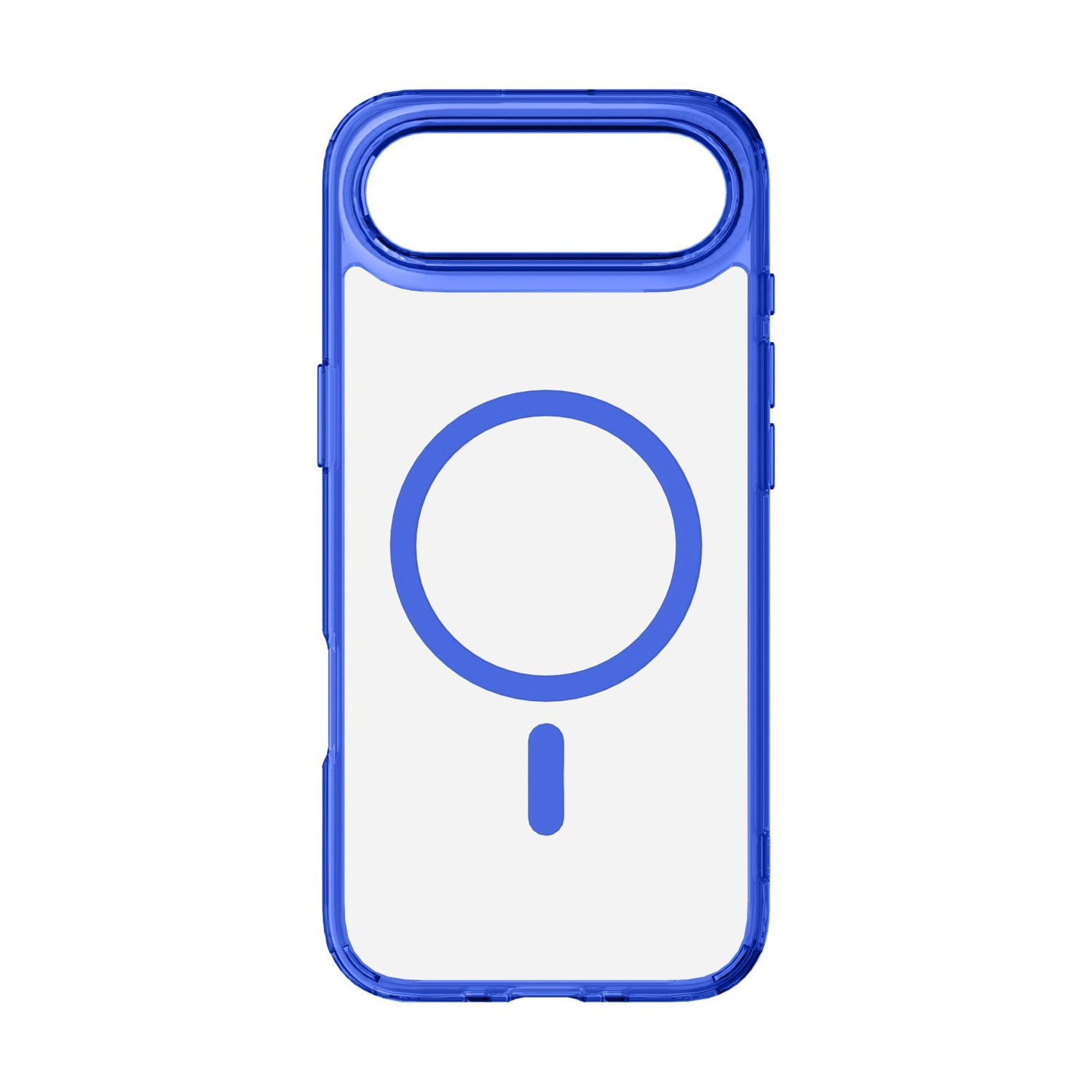 Una custodia trasparente per telefono con cornice blu. Ha un contorno blu circolare e una piccola barra blu in basso.