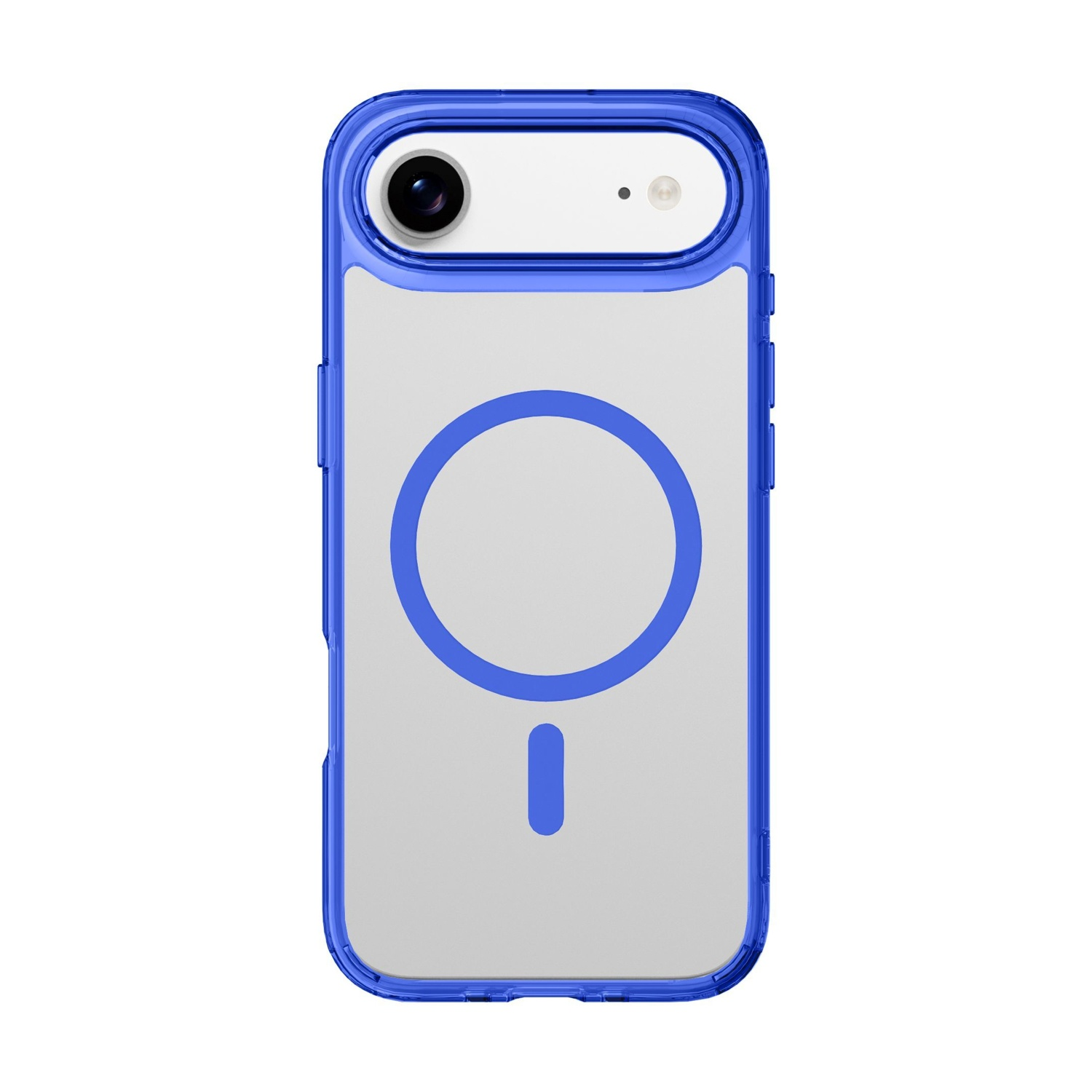 Una custodia blu per iPhone con retro trasparente, un cerchio blu e un trattino blu. L'area della fotocamera è bianca con un obiettivo nero.