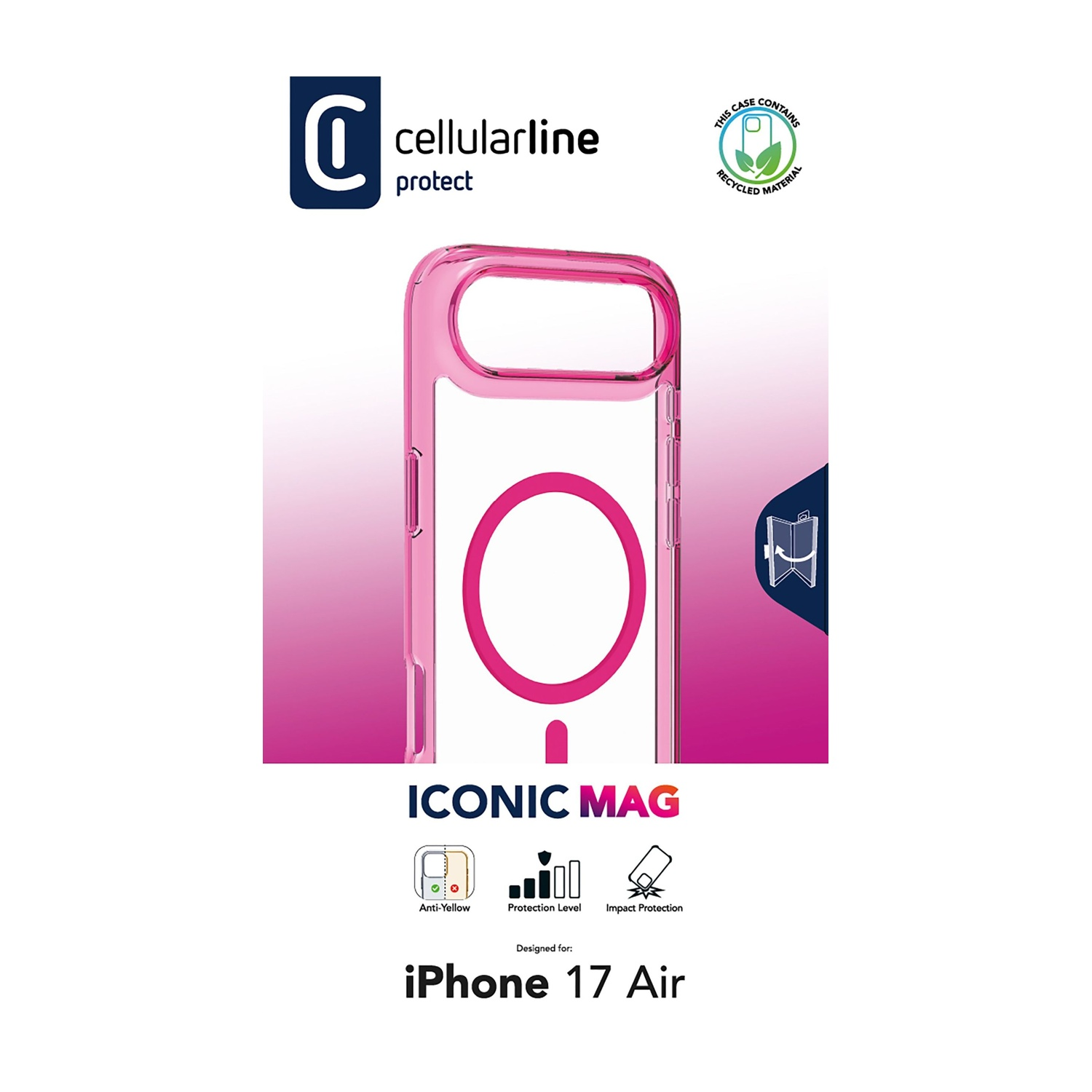 Una custodia rosa per telefono con un design circolare. Presenta il marchio 'cellularline' ed è progettata per iPhone 17 Air.