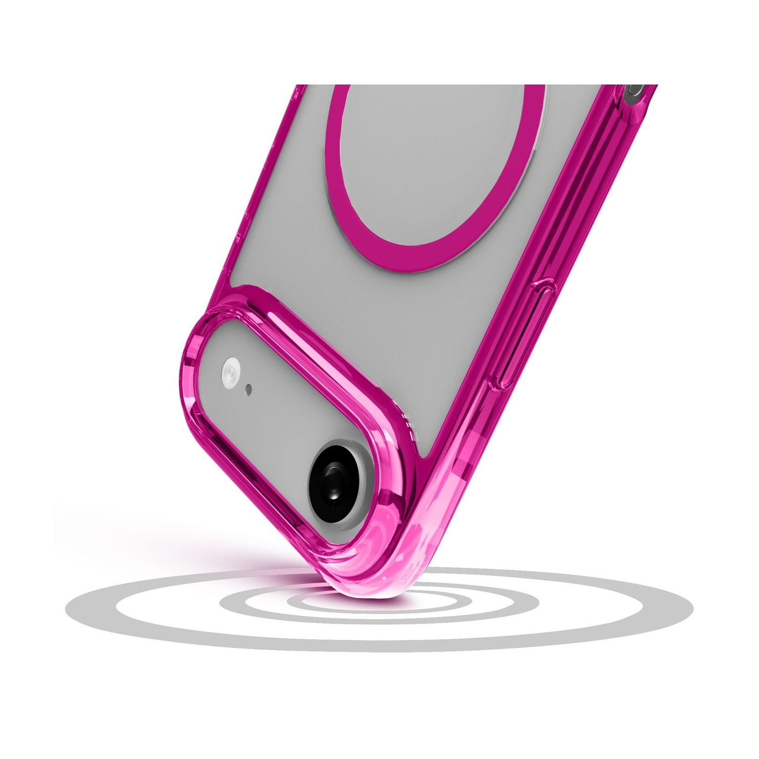 Una custodia rosa per telefono su sfondo bianco. La custodia è trasparente, rivelando la fotocamera del telefono e un cerchio rosa.