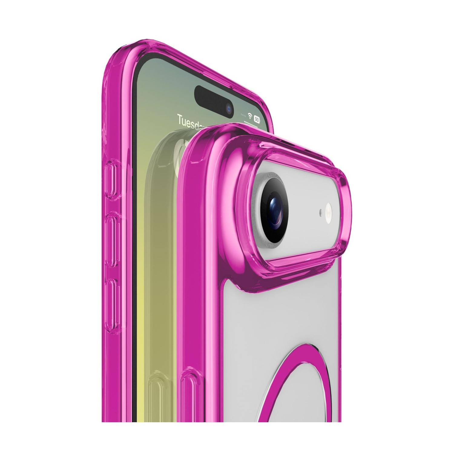 Una custodia rosa per iPhone con un telefono all'interno, che mostra la fotocamera e lo schermo con il giorno 'Martedì'.