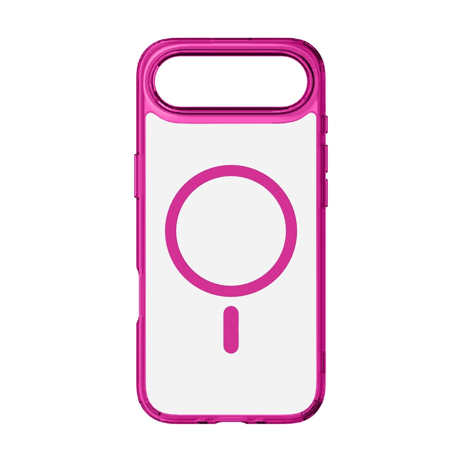 Una custodia trasparente per telefono con cornice magenta. Ha un cerchio e un trattino all'interno, probabilmente per la ricarica magnetica.