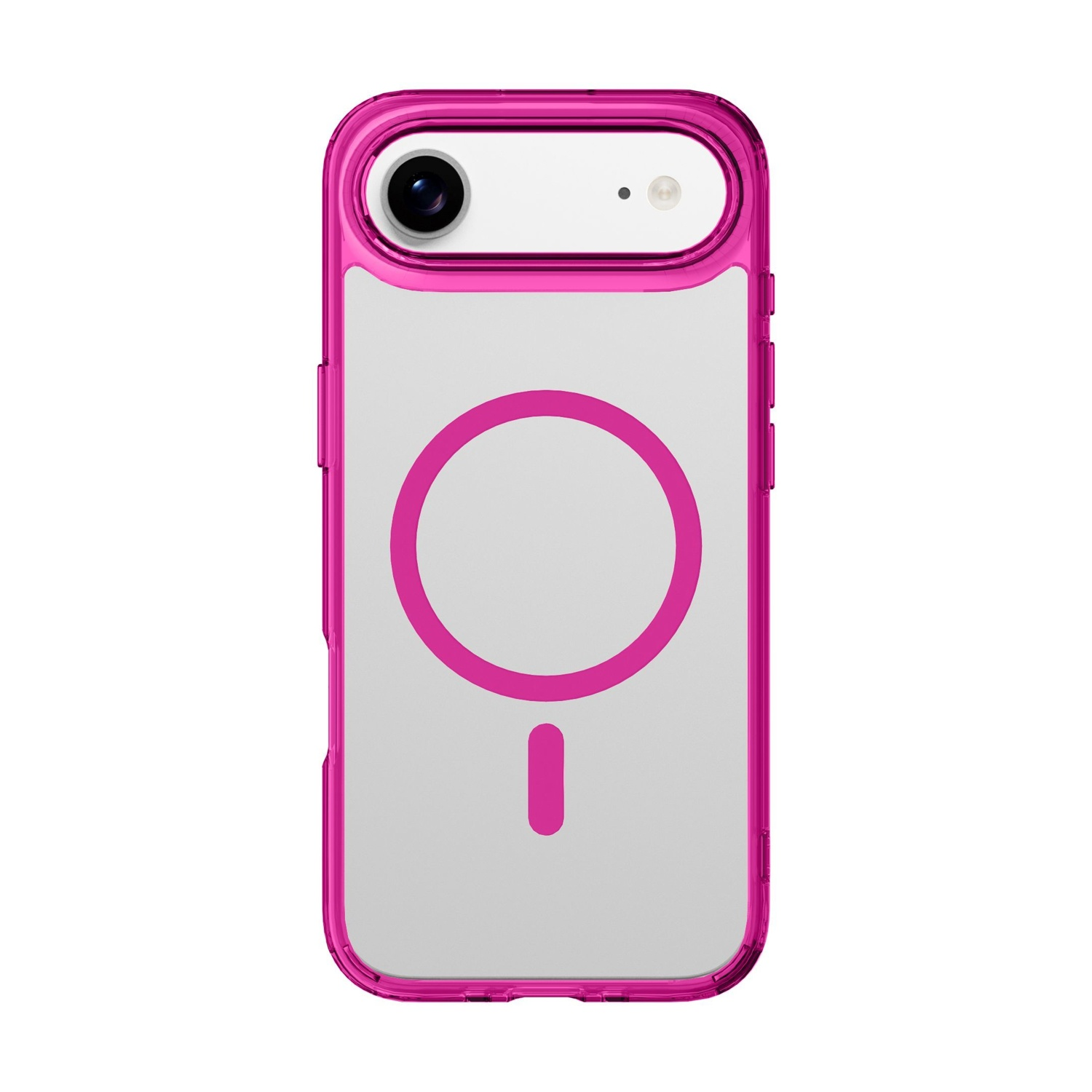 Una custodia rosa per telefono con retro trasparente, un cerchio e un segno meno. L'area della fotocamera è bianca.