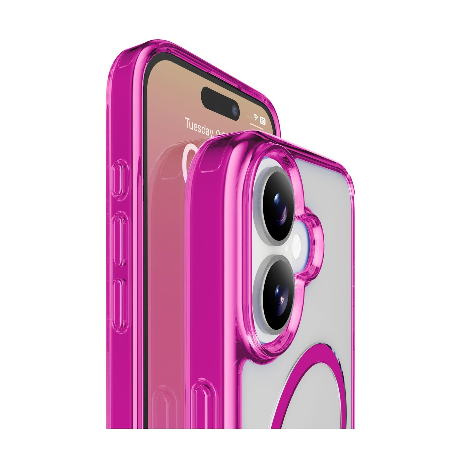 Una custodia rosa protegge un telefono che mostra l'ora. La custodia ha un retro trasparente con un design curvo.