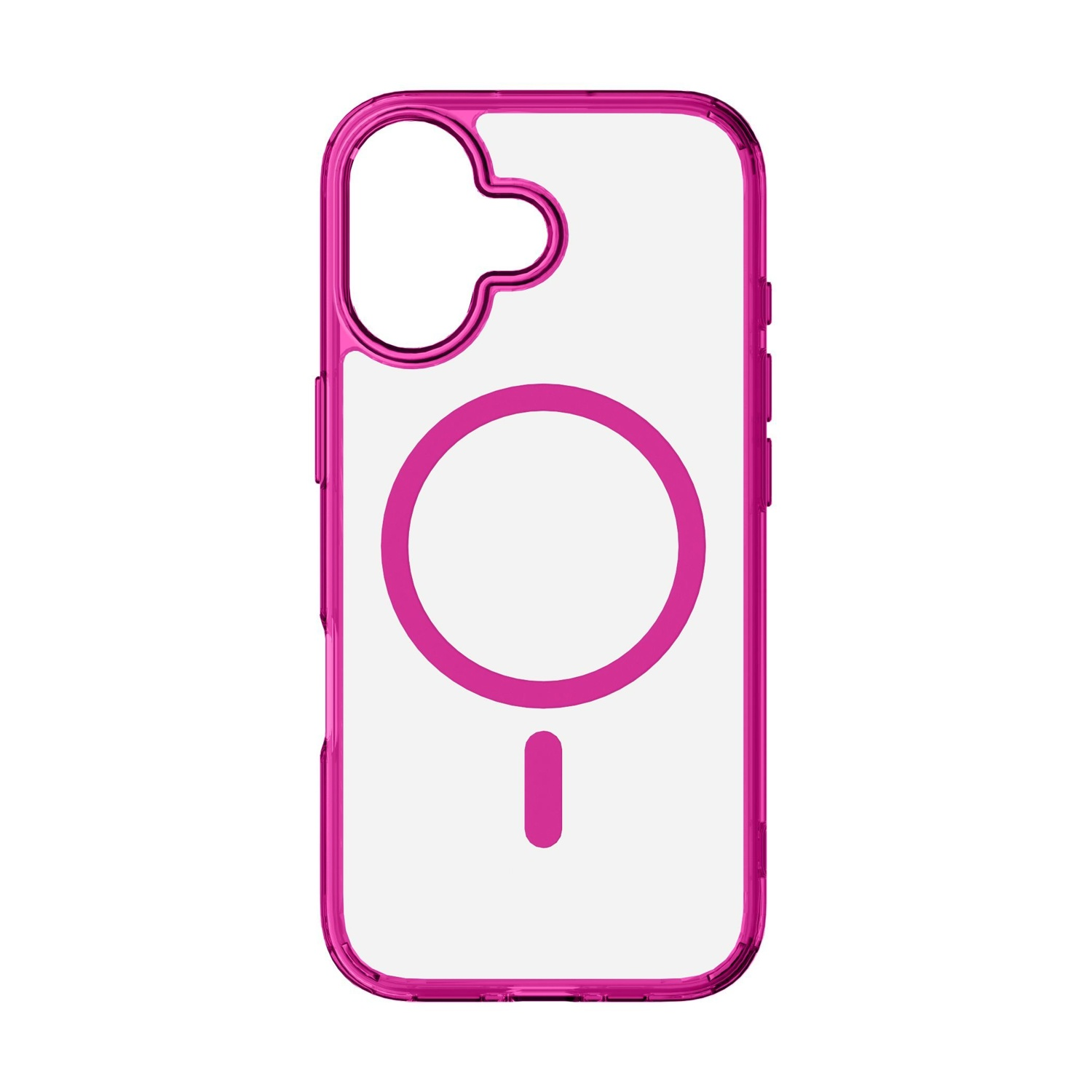 Custodia trasparente per telefono con cornice rosa. Ha un simbolo di ricarica magnetica circolare e un ritaglio per la fotocamera. Lo sfondo è bianco.