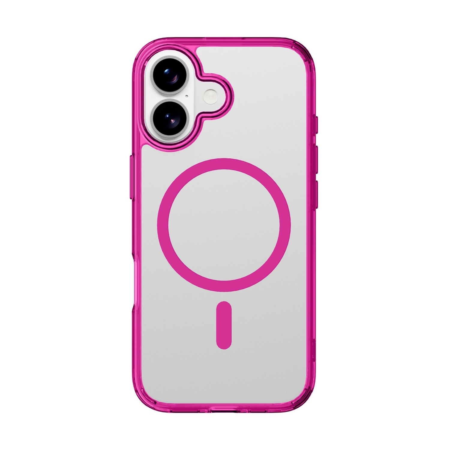 Una custodia trasparente con bordo fucsia, ritaglio per la fotocamera e un cerchio e un segno meno fucsia sul retro, su sfondo bianco.