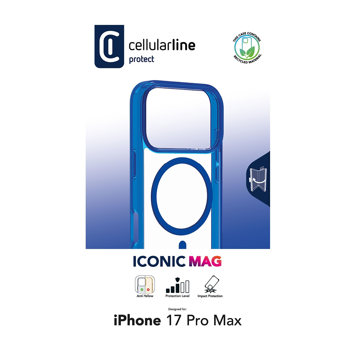 Custodia blu per telefono su sfondo bianco. Il testo include 'cellularline protect', 'ICONIC MAG' e 'iPhone 17 Pro Max'.