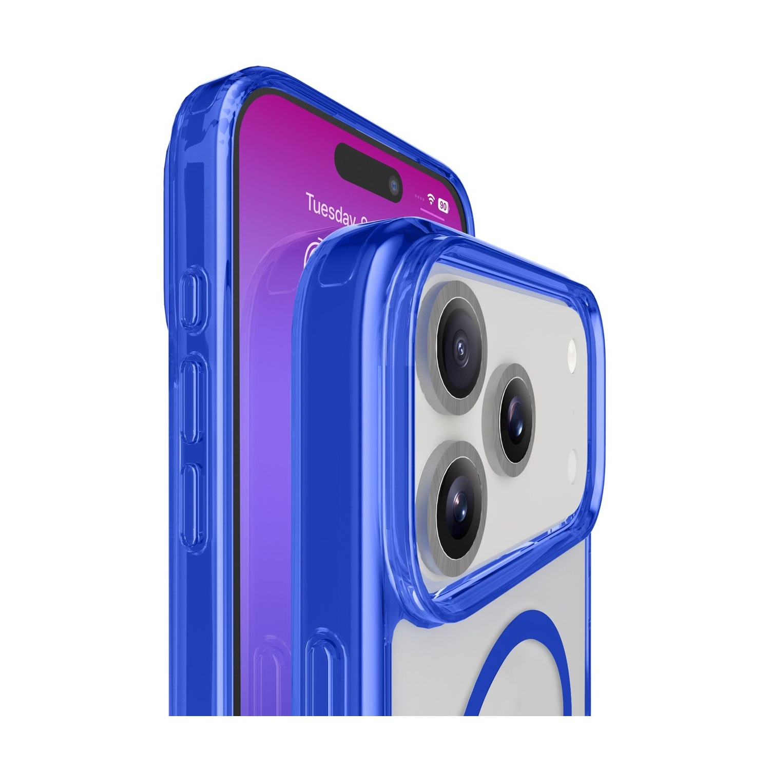 Uno smartphone con una custodia blu trasparente. Lo schermo mostra 'Martedì'. La custodia è trasparente.