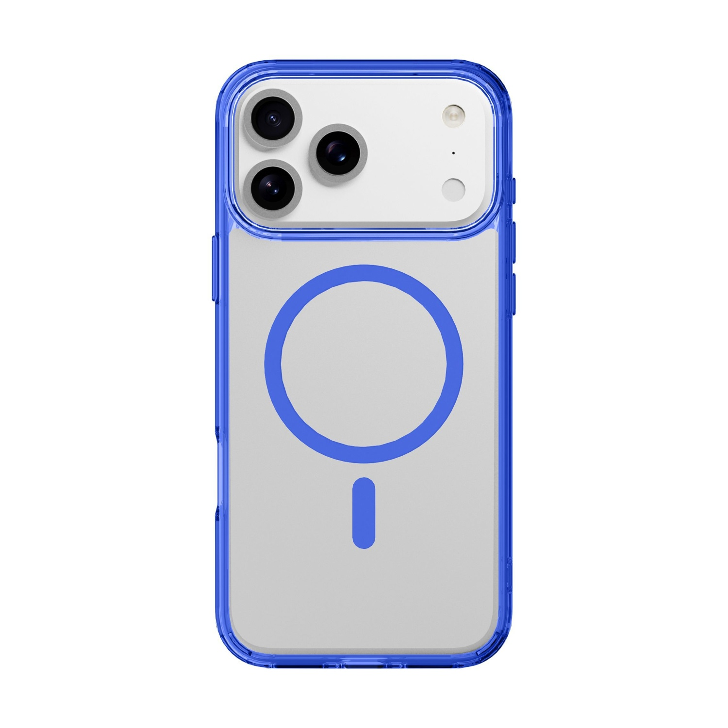 Una custodia trasparente per telefono con cornice blu e design a cerchio e trattino blu. La fotocamera del telefono è visibile in alto.