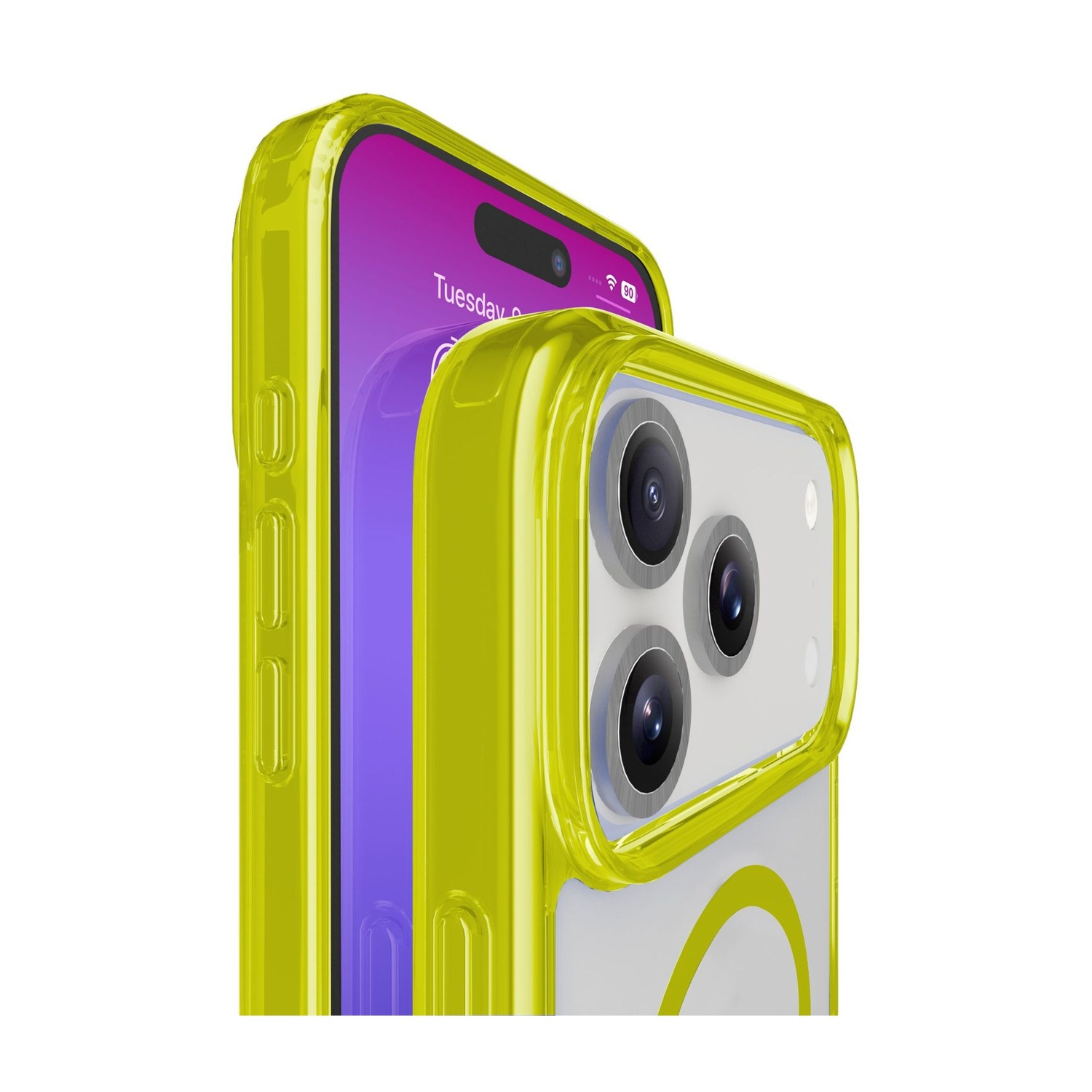 Un iPhone in una custodia verde neon. Lo schermo mostra martedì. Sono visibili tre obiettivi della fotocamera. Lo sfondo è bianco.
