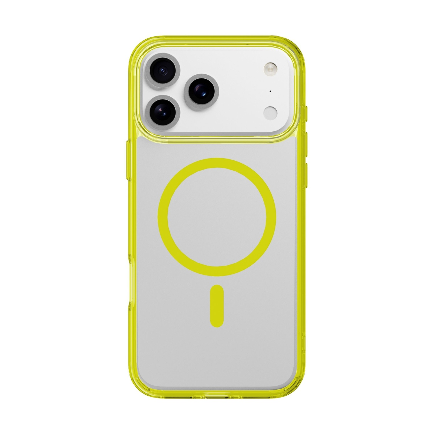 Una custodia trasparente per telefono con cornice giallo neon. Ha un cerchio giallo e un trattino sul retro. Il telefono ha tre fotocamere.