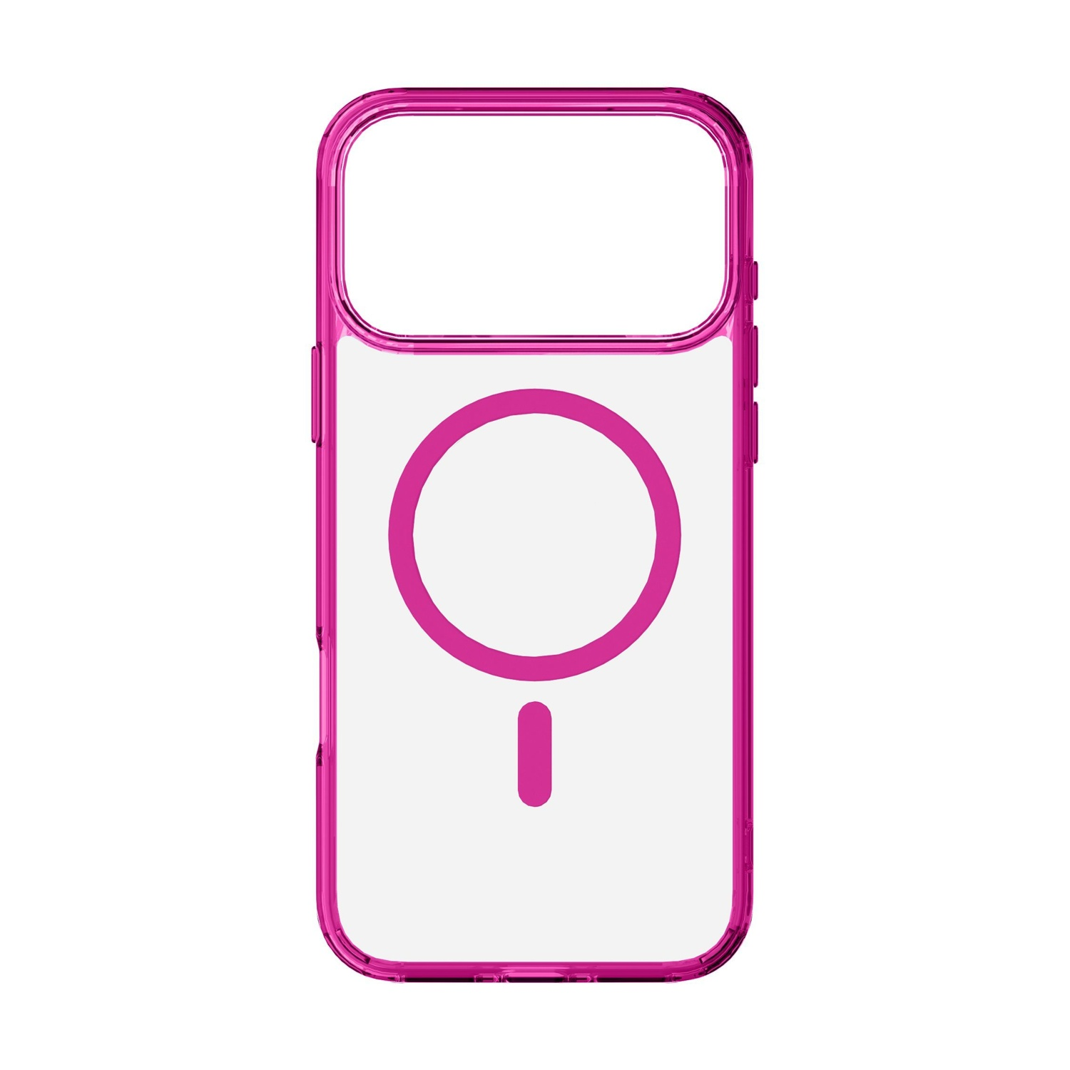 Una custodia trasparente per telefono con cornice magenta. Ha un design circolare e un piccolo rettangolo in basso, probabilmente per la ricarica.