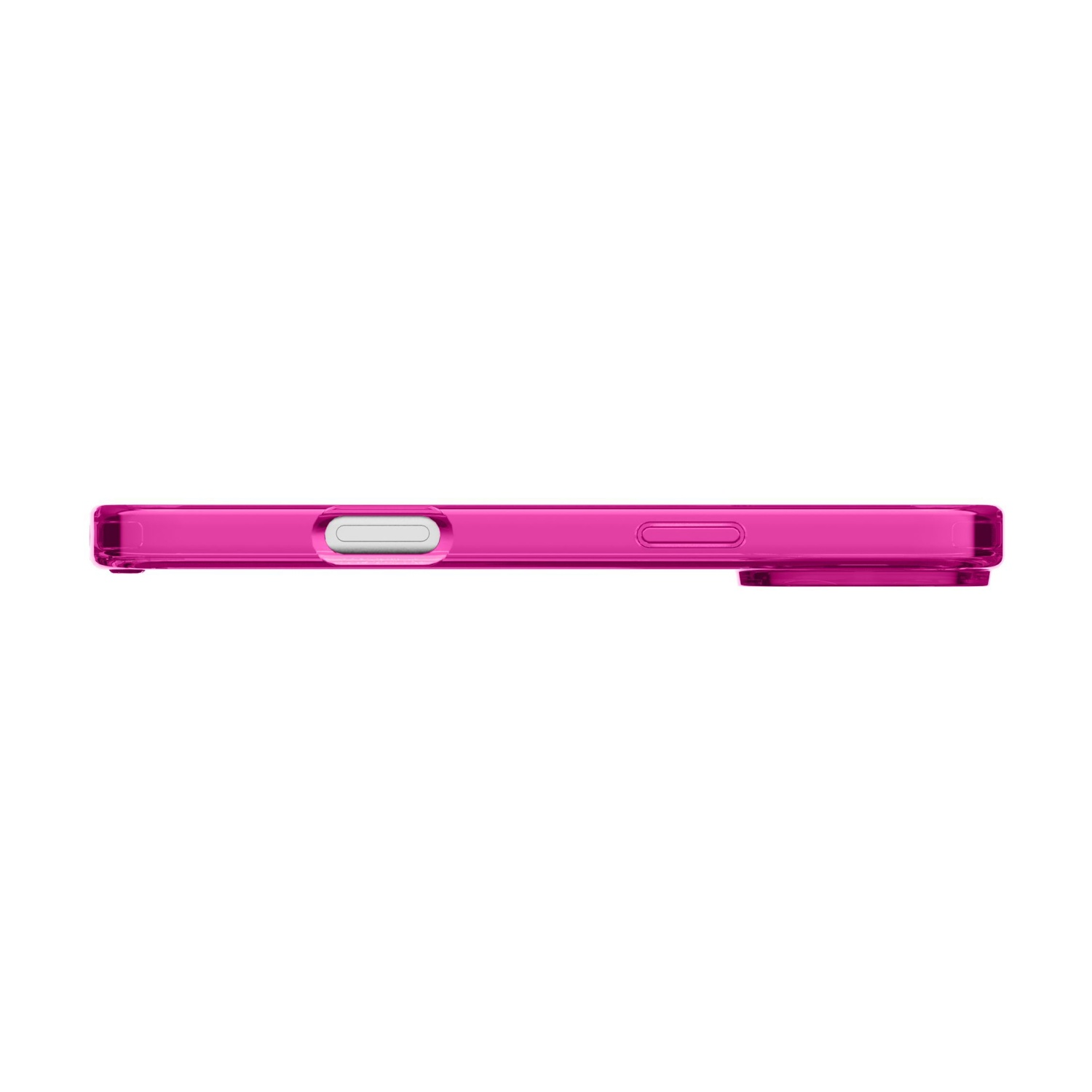 Una vista laterale di una custodia per telefono magenta. Ha ritagli per i pulsanti e una porta di ricarica. Lo sfondo è bianco.